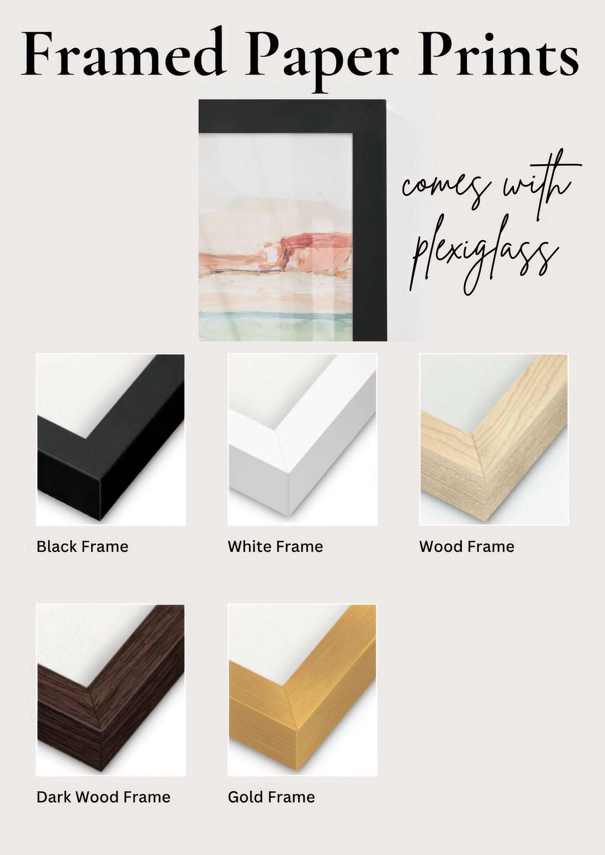 a collection of framed paper prints, each with a different frame color and style, including black, white, wood, dark wood, and gold.