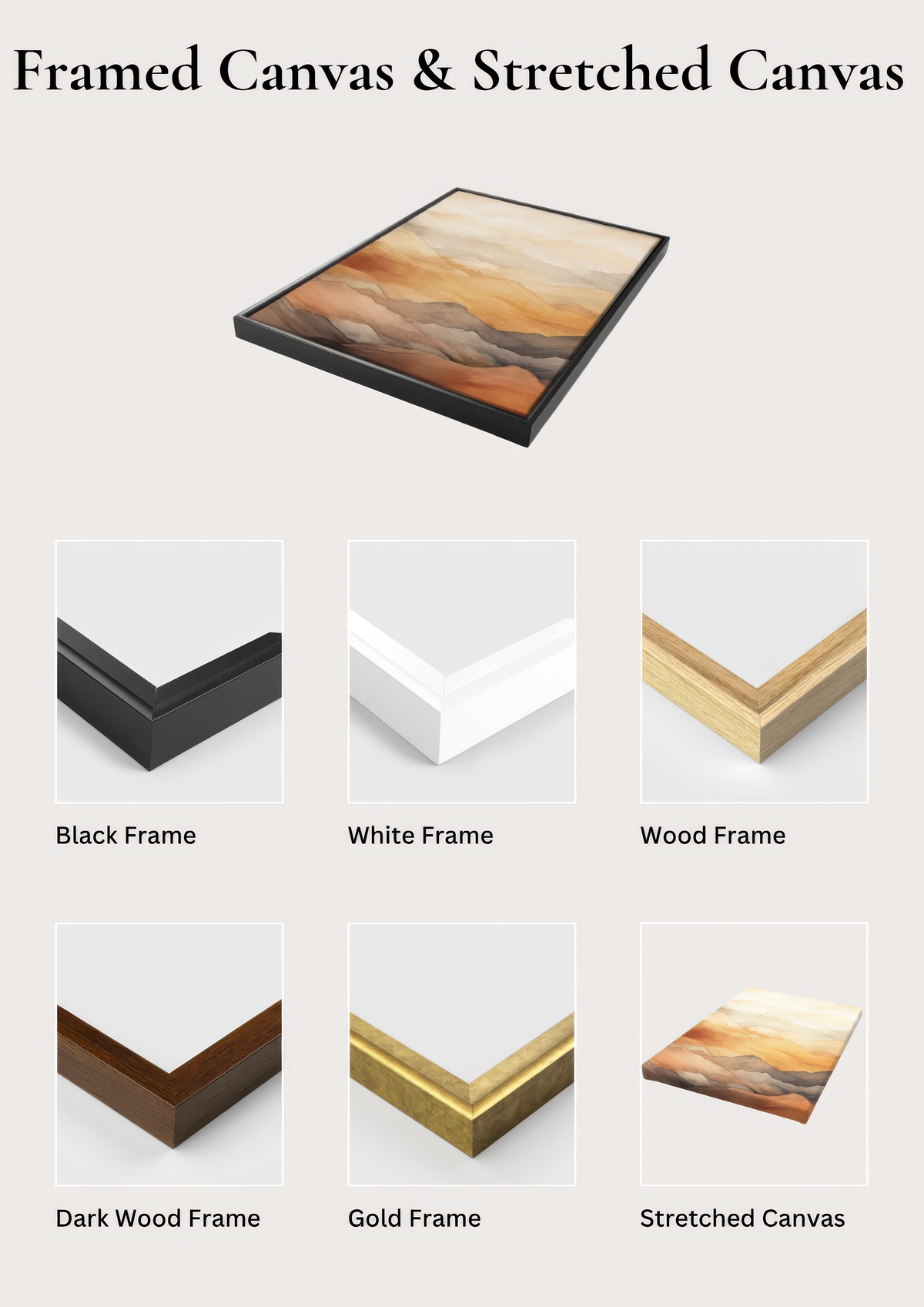 a collection of framed and stretched canvas artworks, showcasing various frame styles and materials.