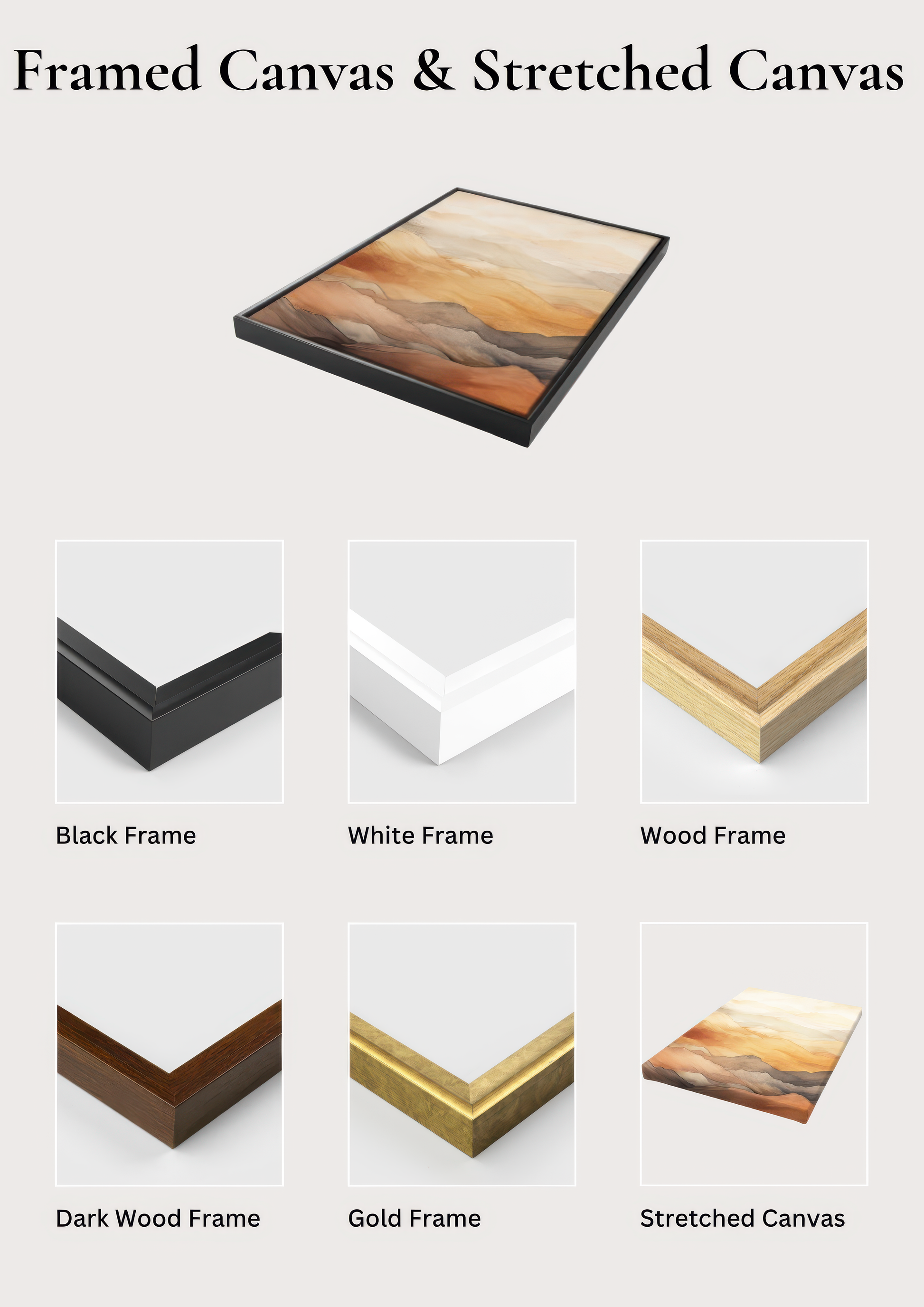 a collection of framed and stretched canvas artworks, showcasing various frame styles and materials.