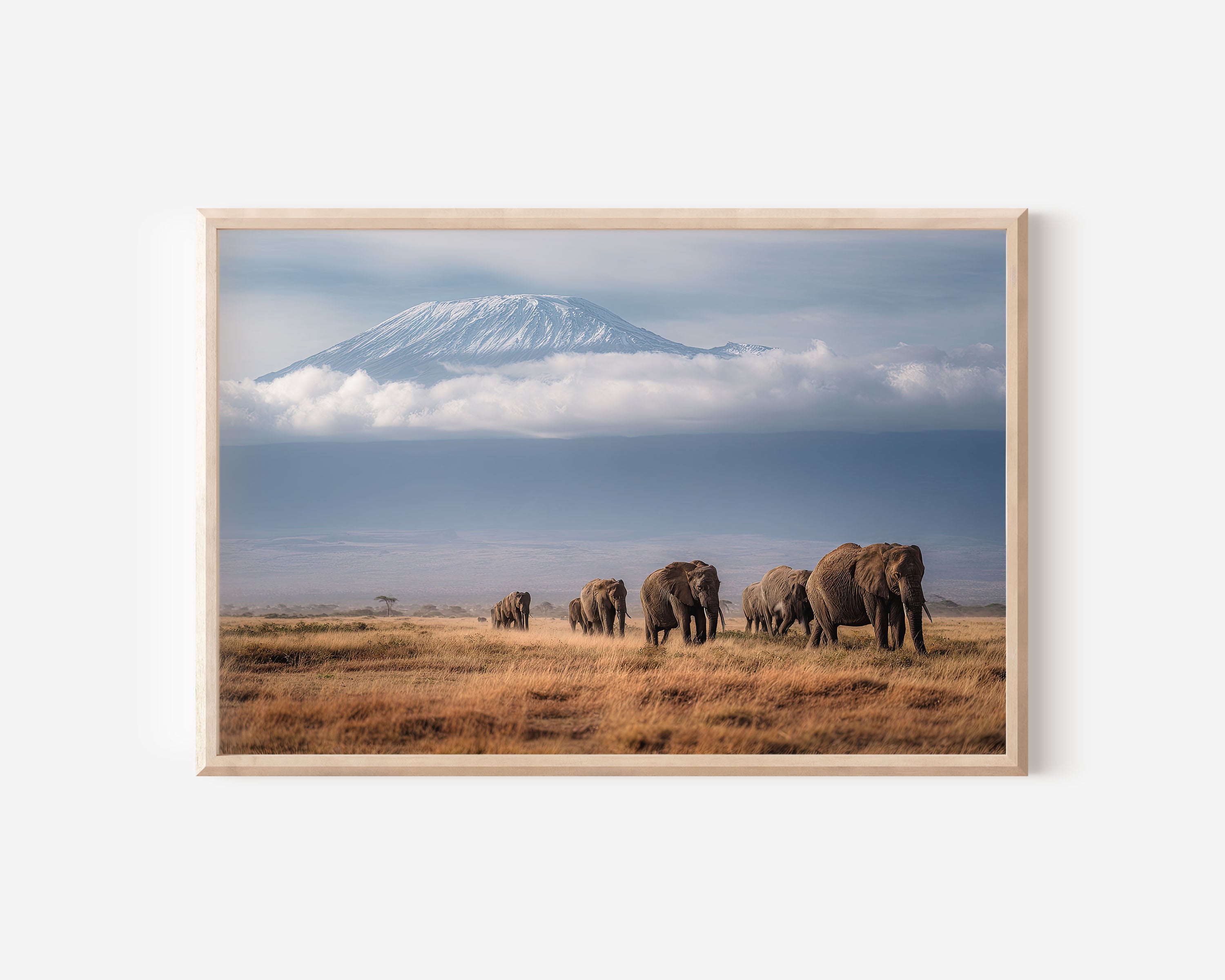 African Elephant Herd Safari Wall Art Print – Kilimanjaro Landscape Canvas