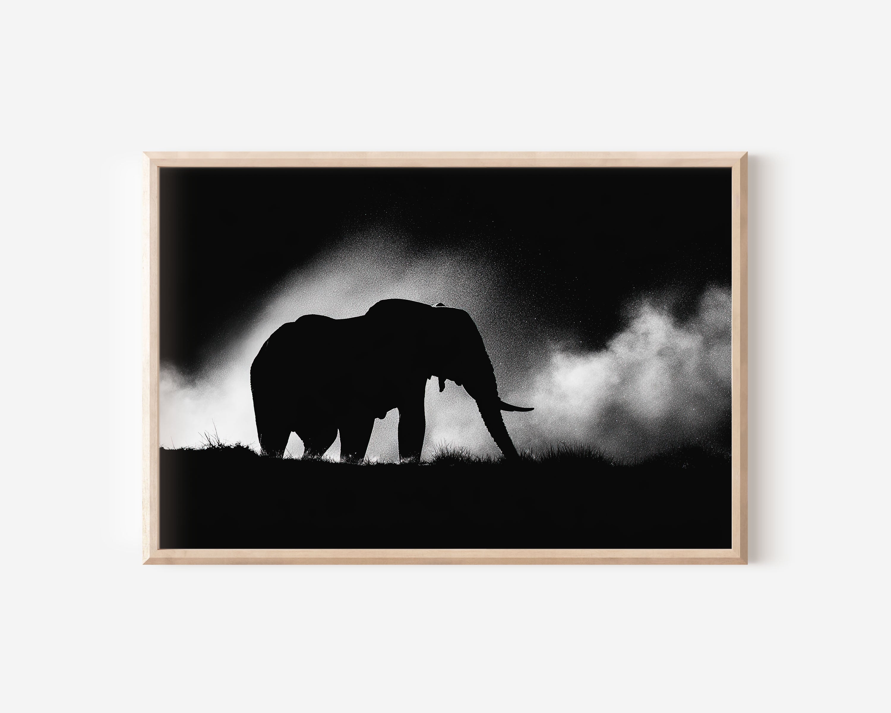 African Elephant Silhouette Print | Black and White Wildlife Wall Art | Safari Dust Photography
