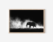 African Elephant Walking in Dust Print | Black and White Safari Wall Art | Wildlife Photography