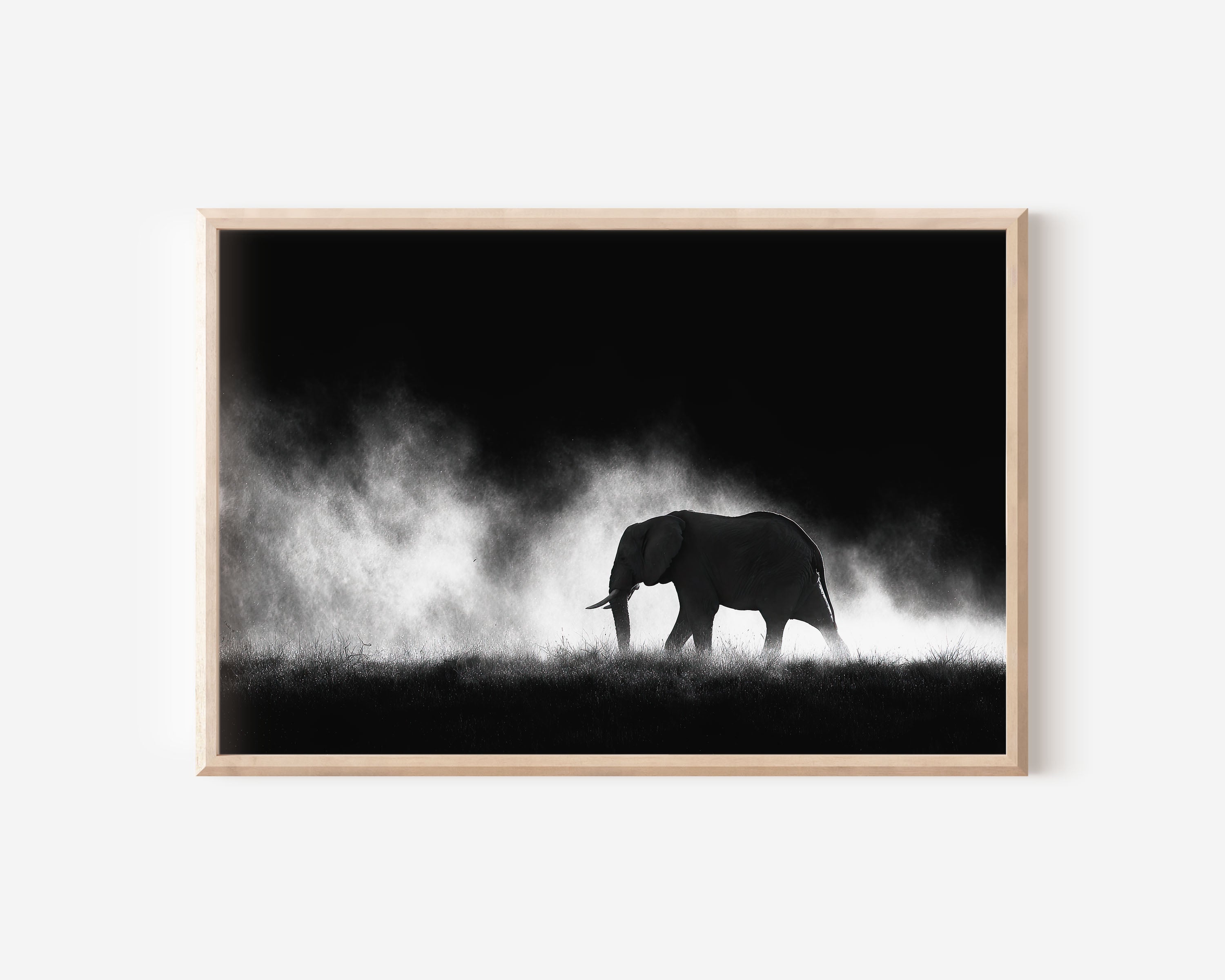 African Elephant Walking in Dust Print | Black and White Safari Wall Art | Wildlife Photography