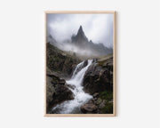 Aiguille de l'M Chamonix Waterfall Print | French Alps Moody Mountain Wall Art | Mont Blanc Massif Misty Peak Landscape Photography Poster