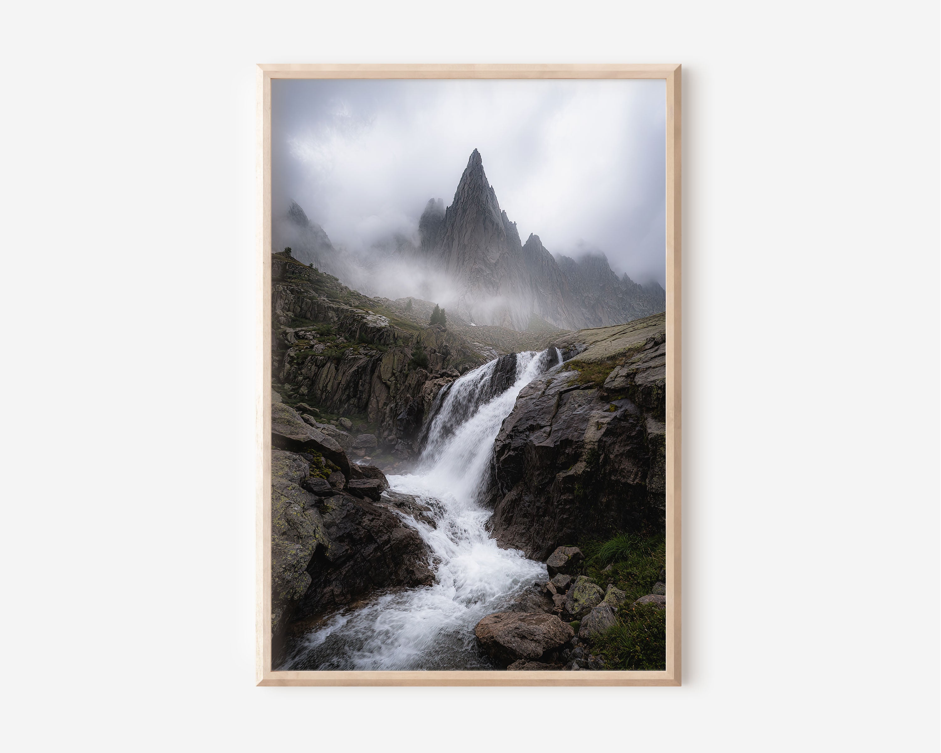 Aiguille de l'M Chamonix Waterfall Print | French Alps Moody Mountain Wall Art | Mont Blanc Massif Misty Peak Landscape Photography Poster