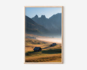 Alpe di Siusi Dolomites Sunrise Hut Print | Seiser Alm Alpine Meadow Wall Art | Dolomites Morning Mist Alpine Hut Landscape Photography Poster