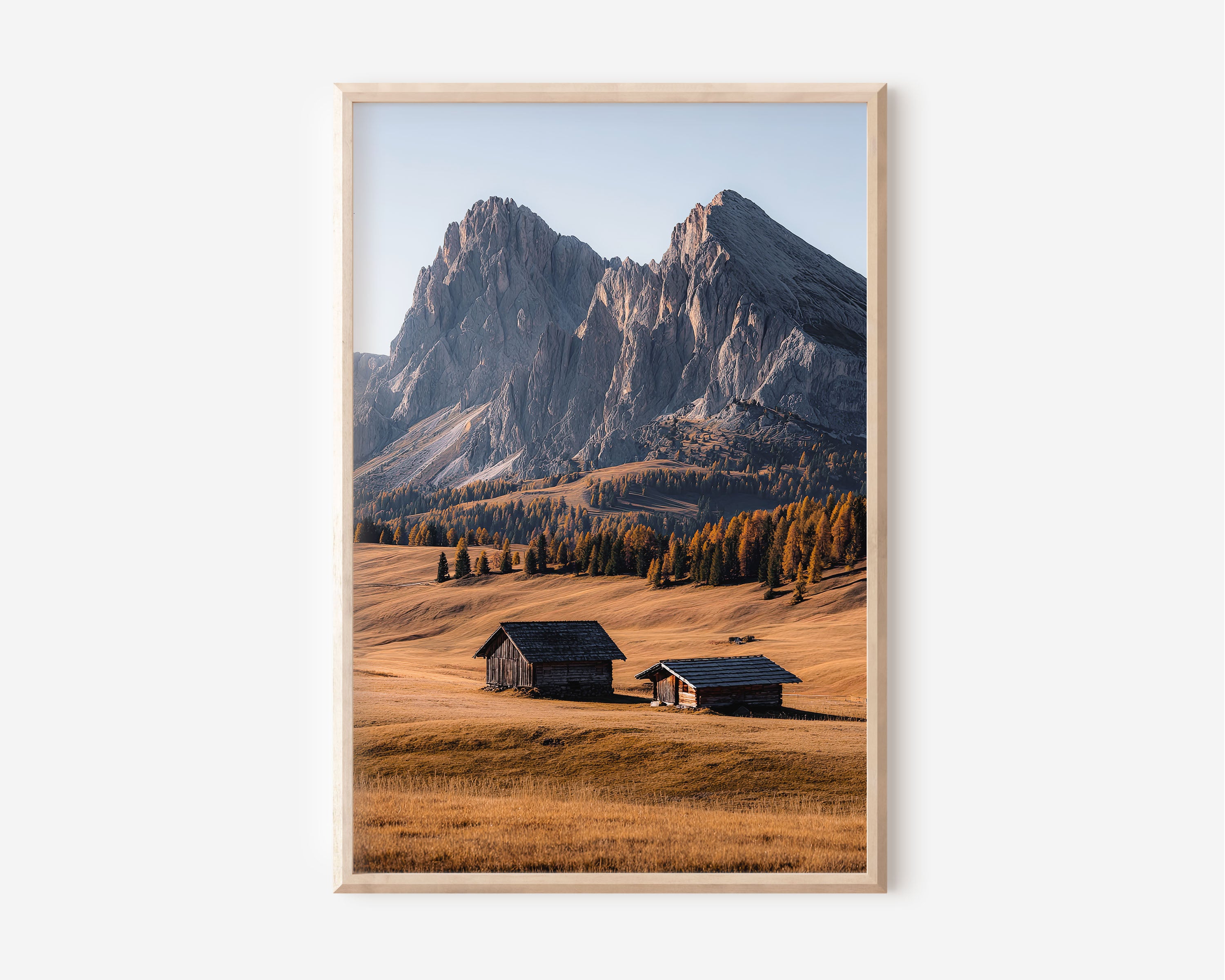 Alpe di Siusi Autumn Huts Print | Dolomites Golden Meadow Wall Art | South Tyrol Mountain Photography
