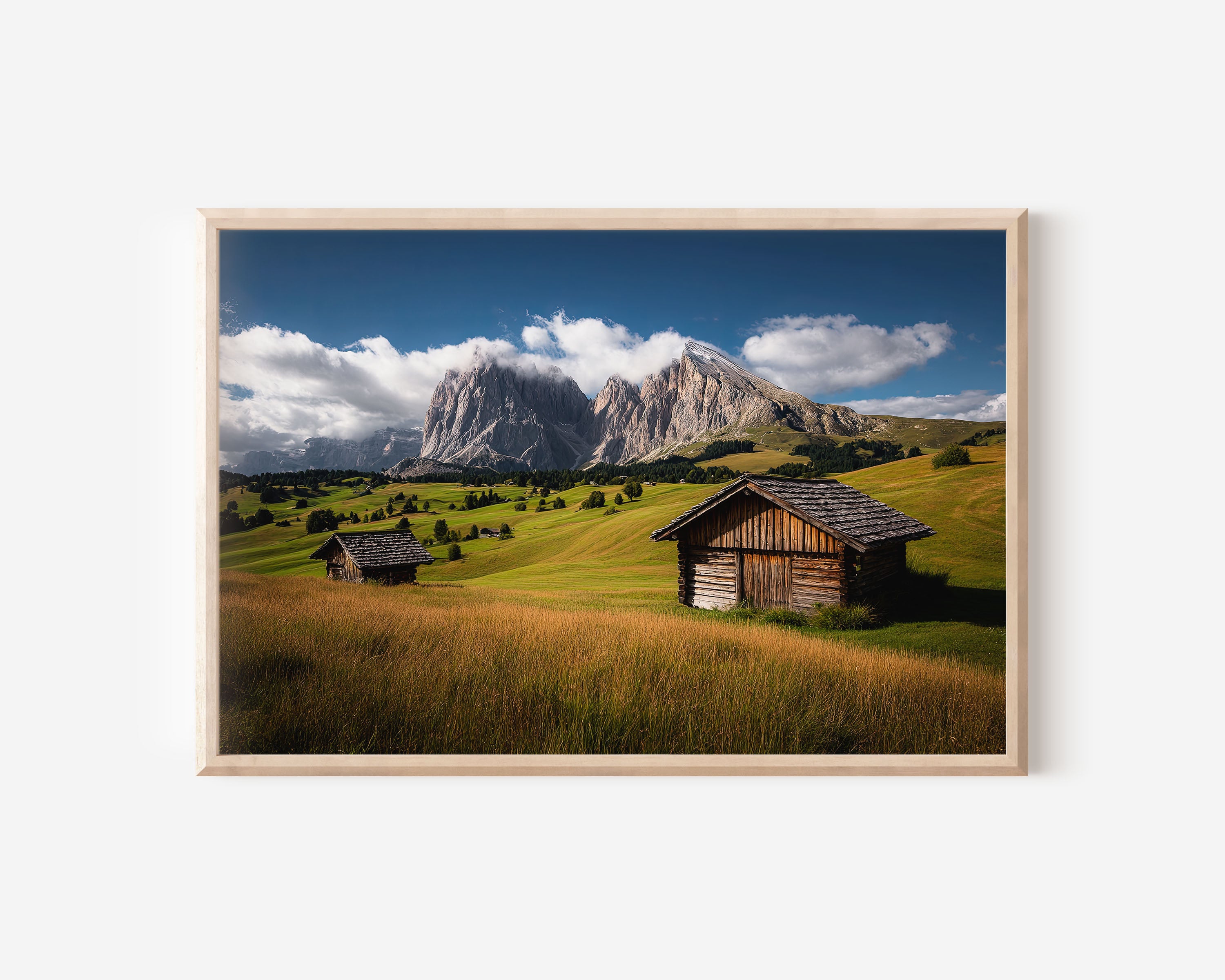Alpe di Siusi Wooden Cabins Wall Art Print – Dolomites Alpine Meadow