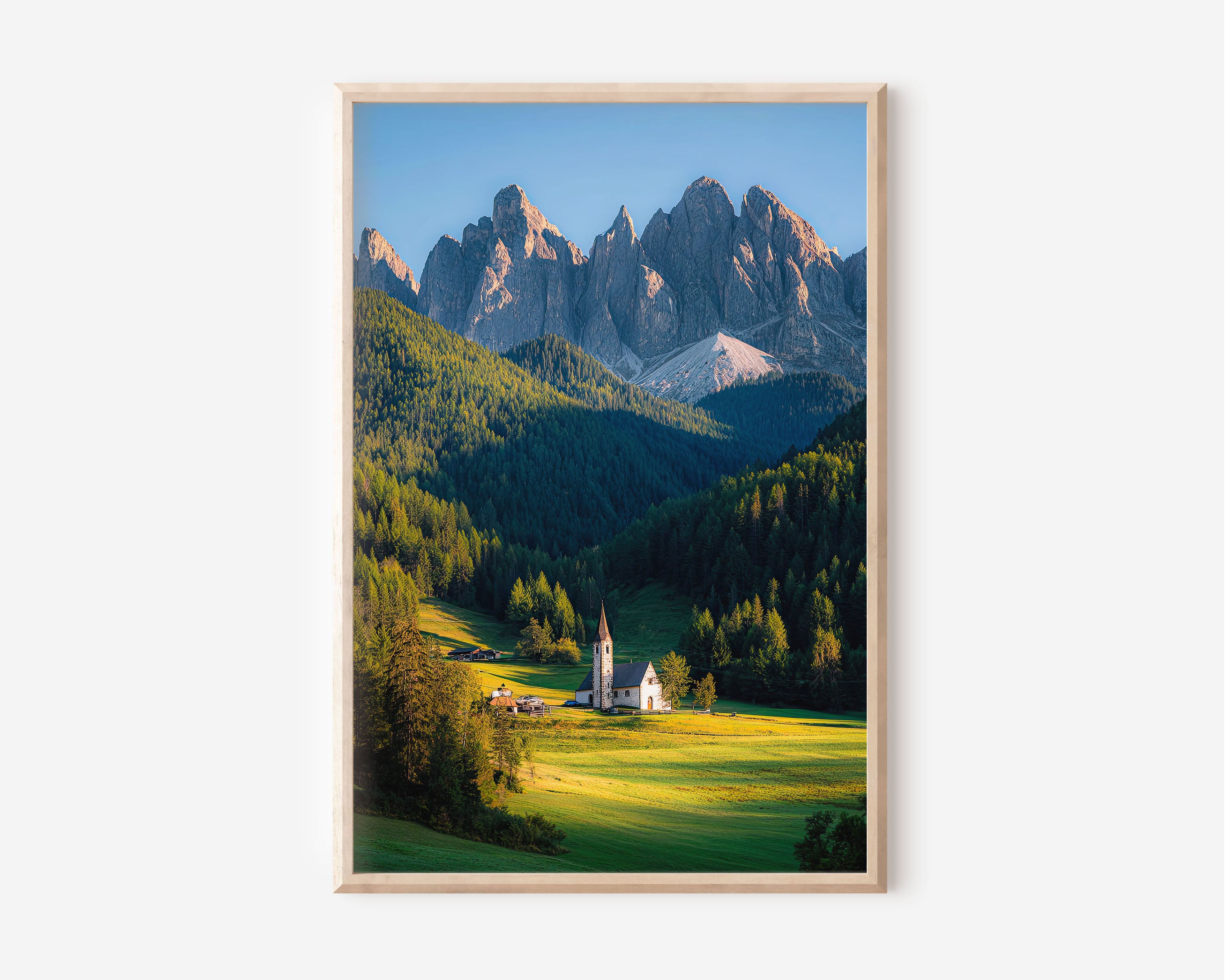 Alpine Church at Dawn – Dolomites Italy Wall Art Print | Framed Photography Poster | Mountain Landscape Decor