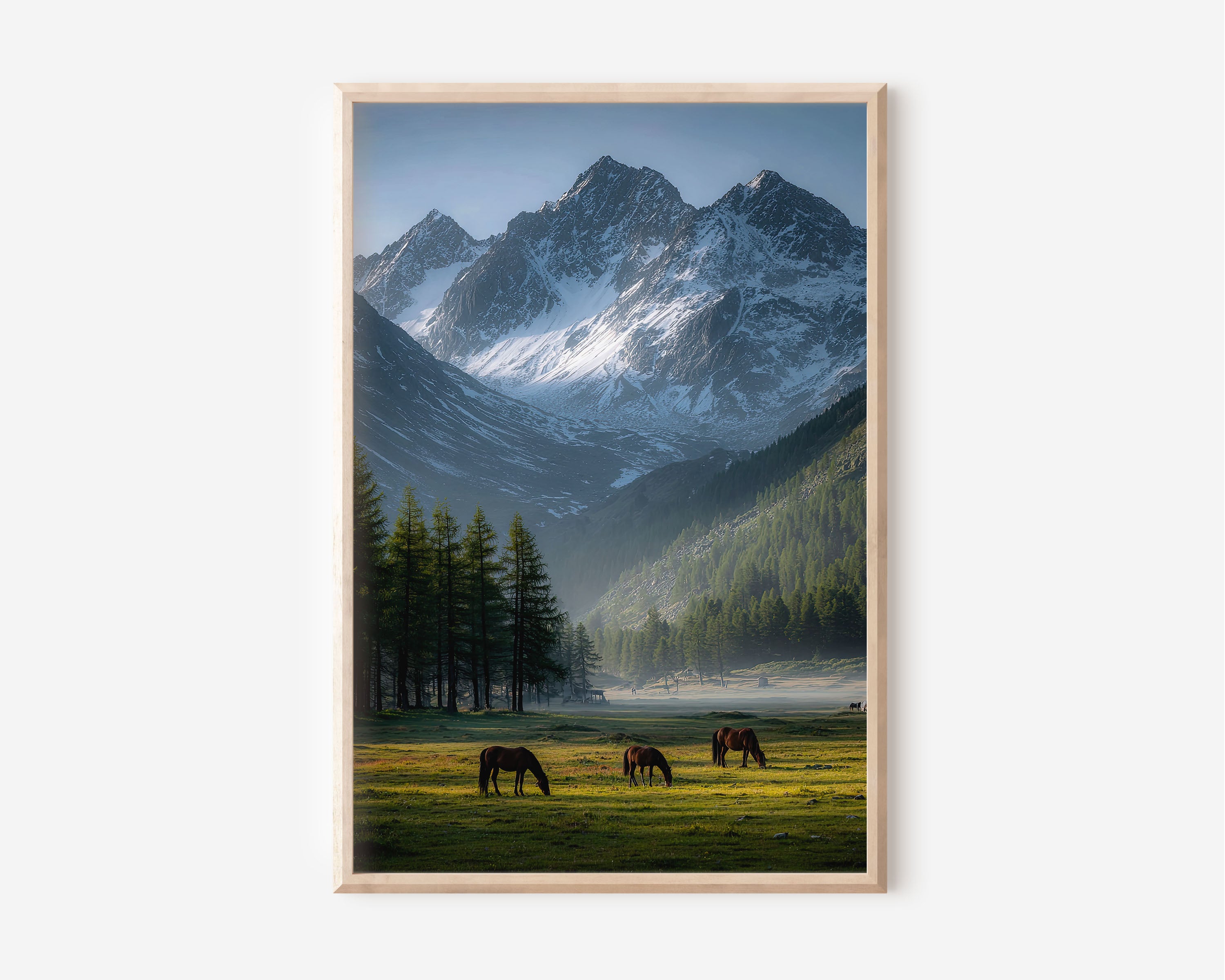 Alpine Valley Horses Print | Grazing Horses Mountain Wall Art | Snow Peak Meadow Photography