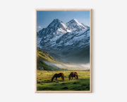 Two Horses Alpine Valley Print | Mountain Meadow Horse Wall Art | Snow Peak Landscape Photography