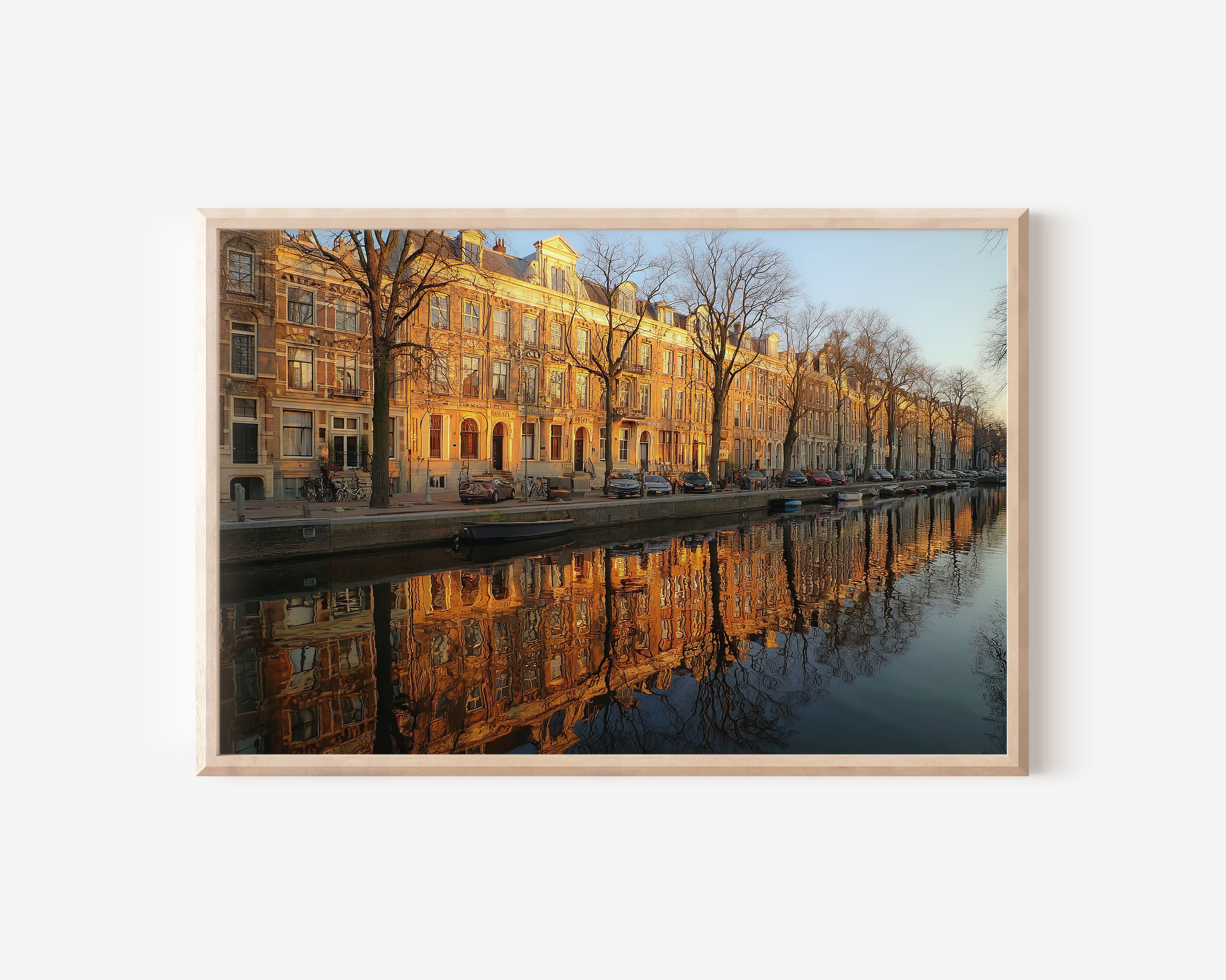 Amsterdam Canal Sunset Wall Art Print – Golden Reflection Cityscape Canvas