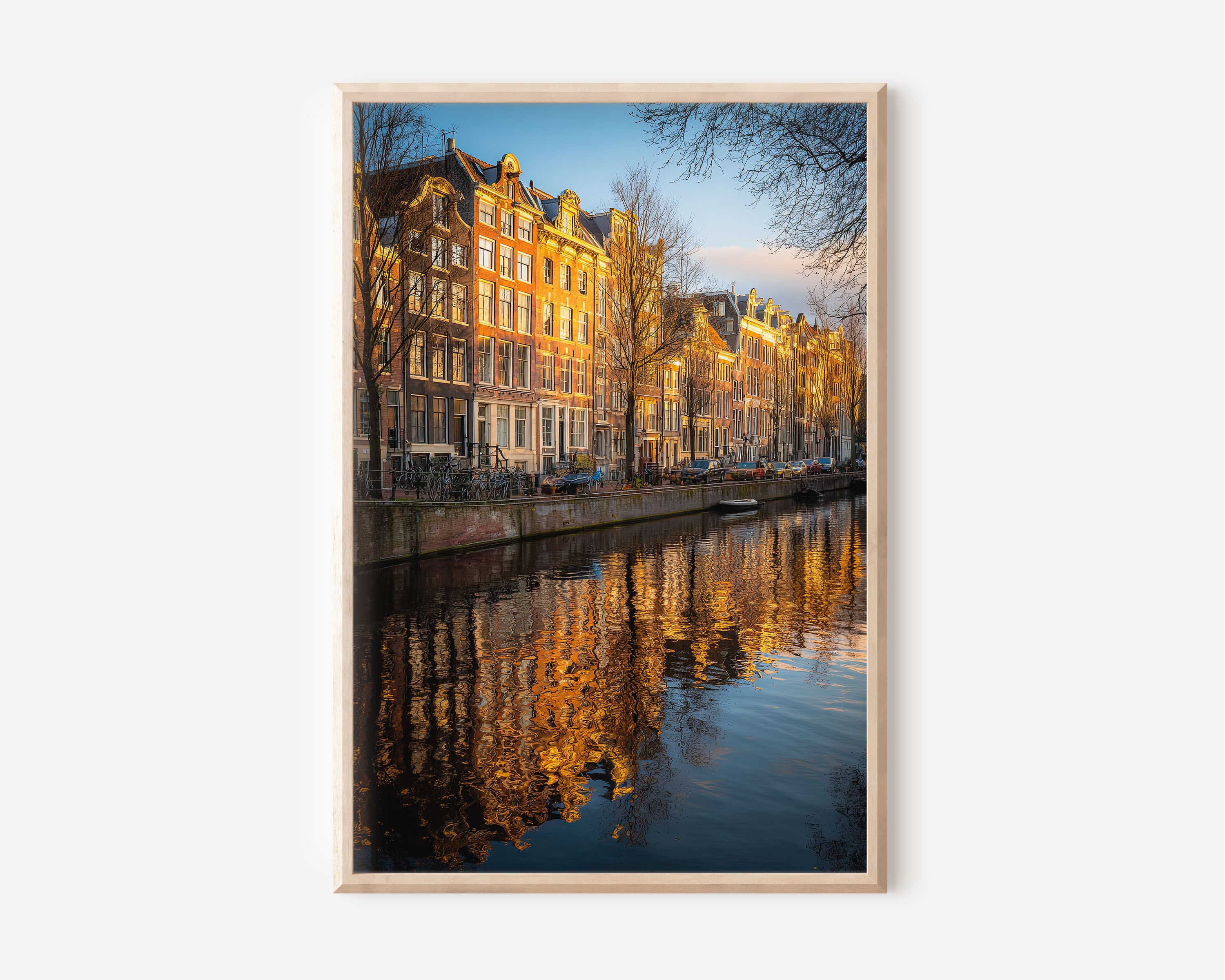 Amsterdam Golden Canal Wall Art – European City Reflection Canvas Print, Travel Landscape Decor