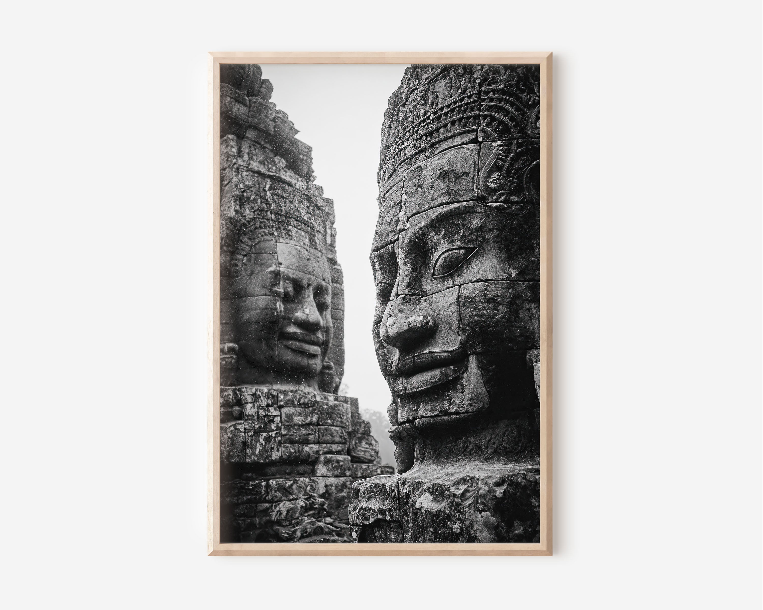 Angkor Thom Bayon Faces Wall Art Print | Cambodia Ancient Temple Stone Sculpture Black White Photography | Southeast Asia Travel Poster | Bold Spiritual Home Decor
