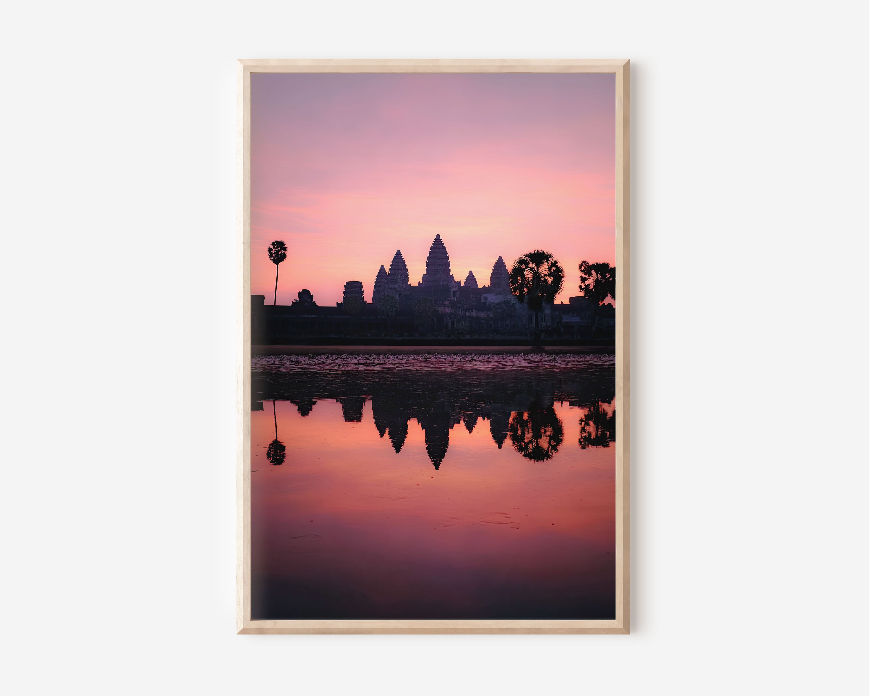 Angkor Wat Sunrise Wall Art – Cambodia Temple Reflection Canvas Print, Pink Sky Landscape Decor