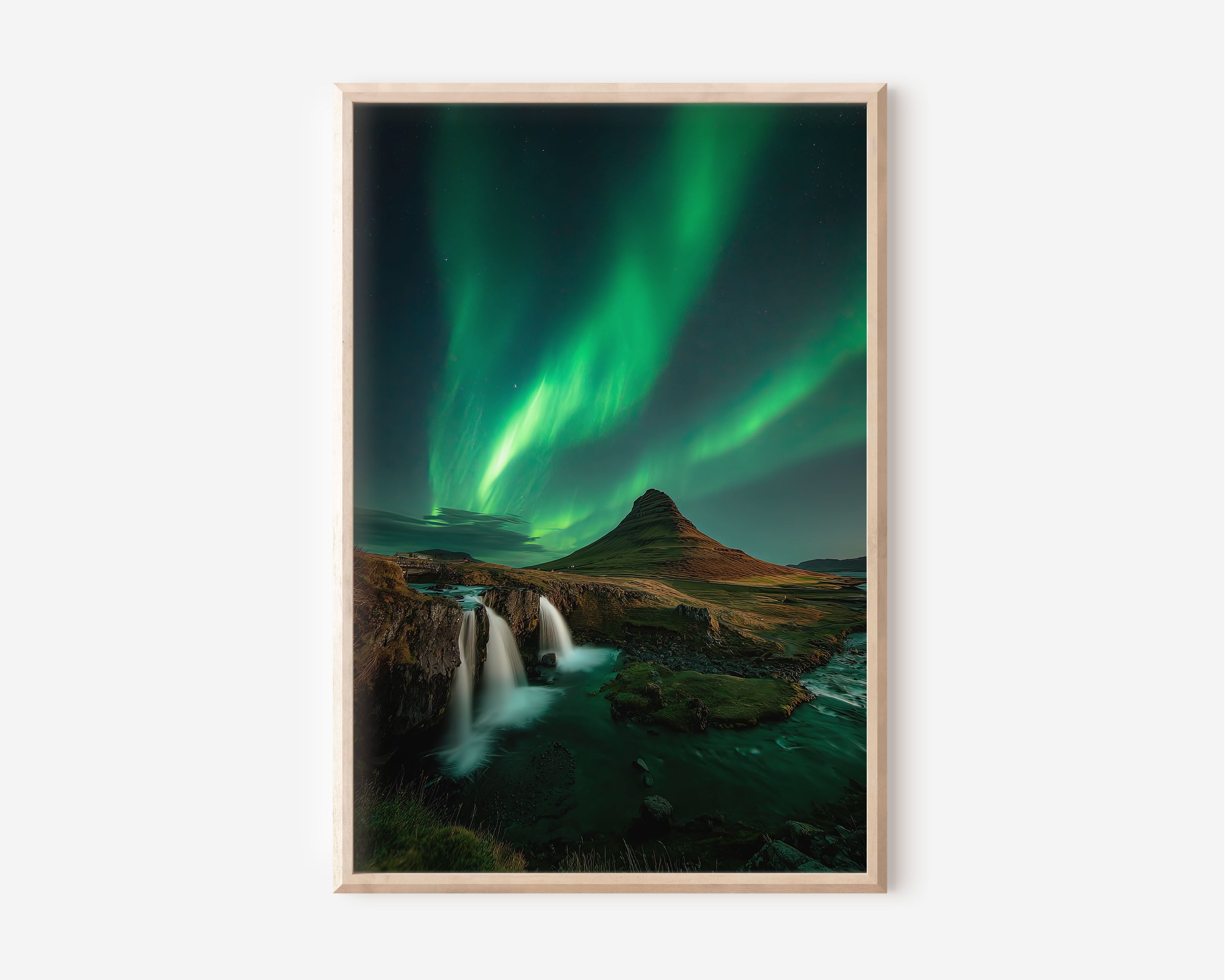 Kirkjufell Aurora Wide View Wall Art Print | Iceland Northern Lights Waterfall Photography | Green Night Sky Nordic Poster