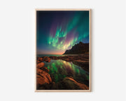 Aurora Borealis Norway Rocky Coastline Wall Art Print | Northern Lights Reflection Photography | Lofoten Night Sky Poster