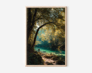 Enchanted Forest River Wall Art Print | Turquoise Alpine Stream Autumn Photography | Solo Hiker Nature Landscape Poster