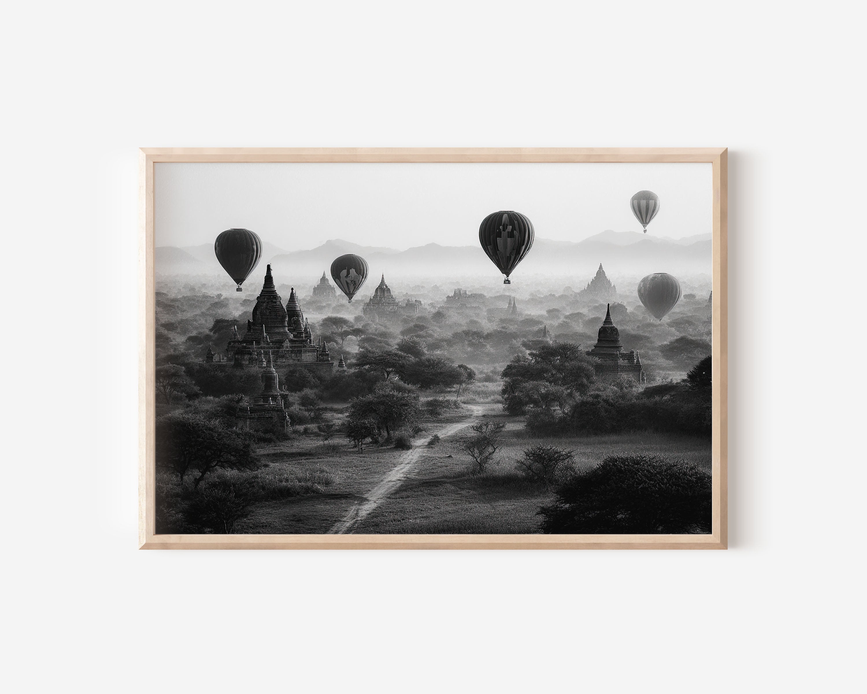 Bagan Hot Air Balloons Black & White Wall Art Print