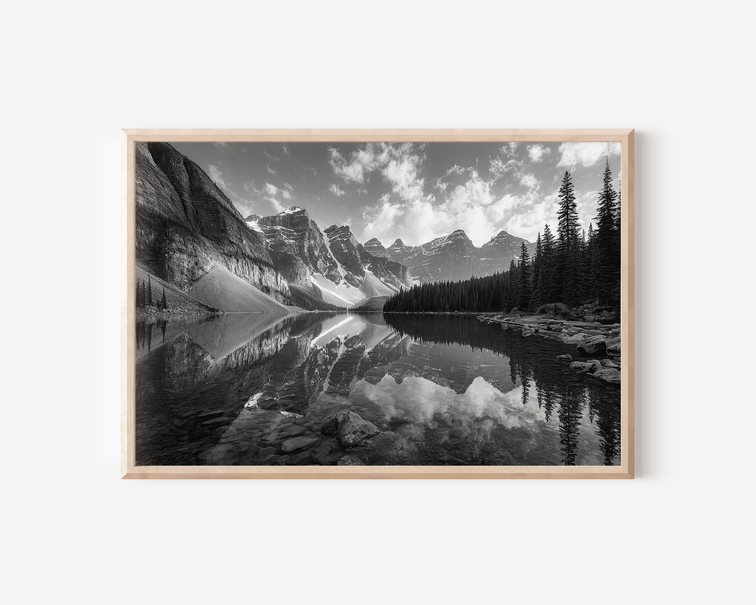 Moraine Lake Wall Art Print – Black and White Mountain Photography