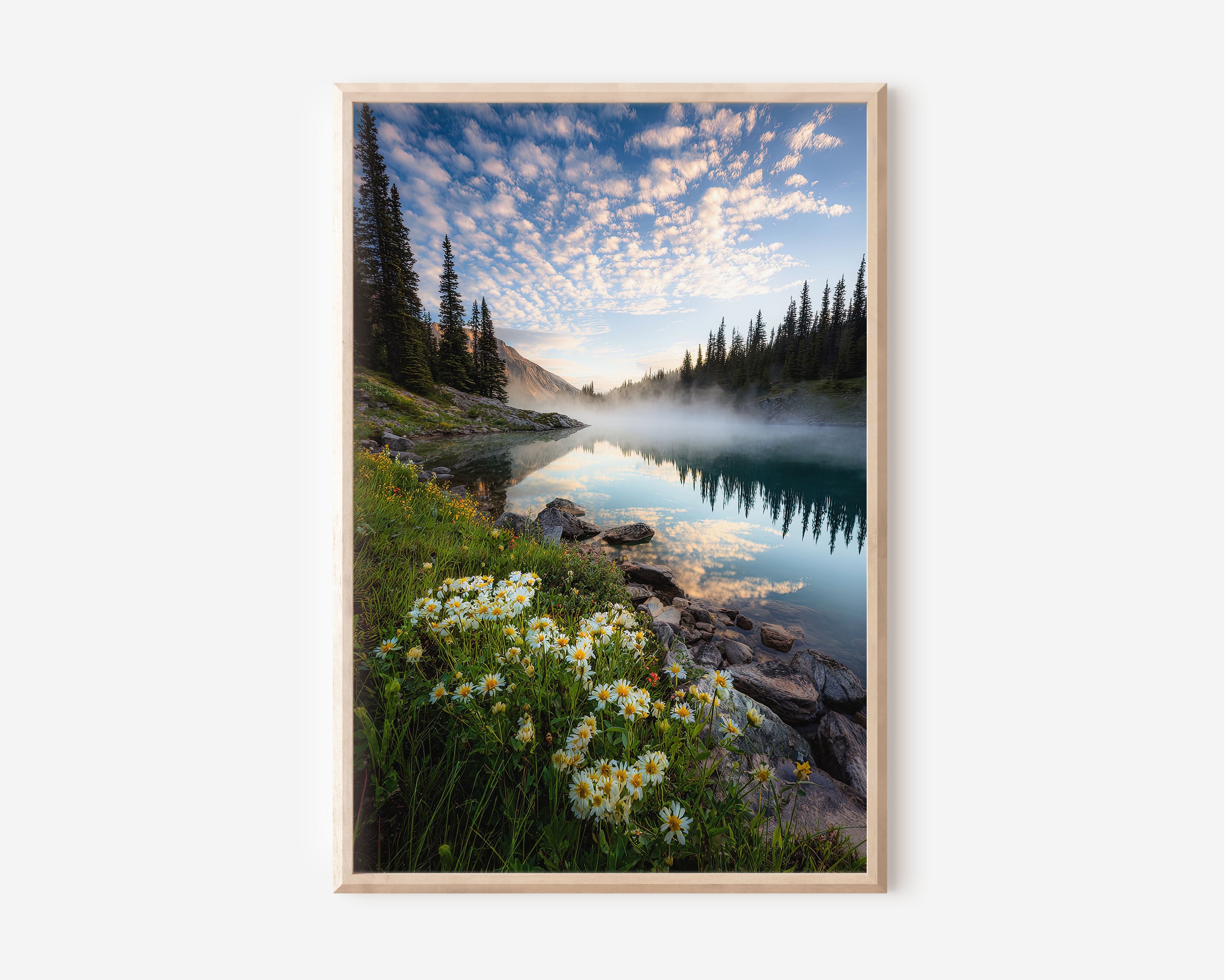 Banff National Park Alpine Lake Wildflower Print | Canadian Rockies Summer Wall Art | Banff Alpine Wildflower Morning Mist Lake Landscape Photography Poster