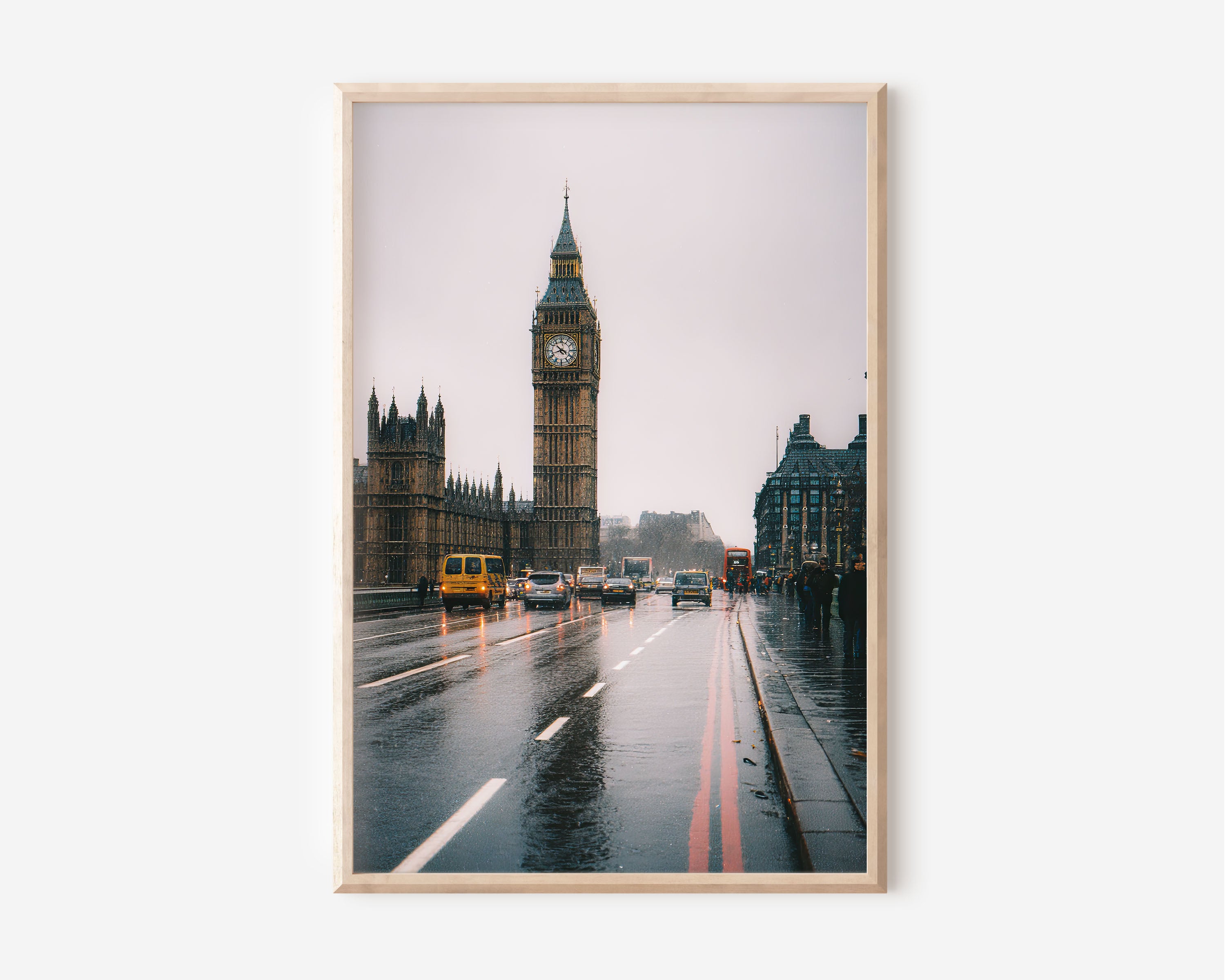 Big Ben in the Rain Wall Art Print | London Westminster Bridge Photography | Rainy City Street Cityscape Poster | UK England Travel Print | Moody Urban Home Decor