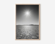 Black Rock Desert Wall Art Print | Nevada Salt Flat Black & White Photography | Cracked Earth Sun Landscape Poster | Minimalist Nature Print | Bold Graphic Home Decor