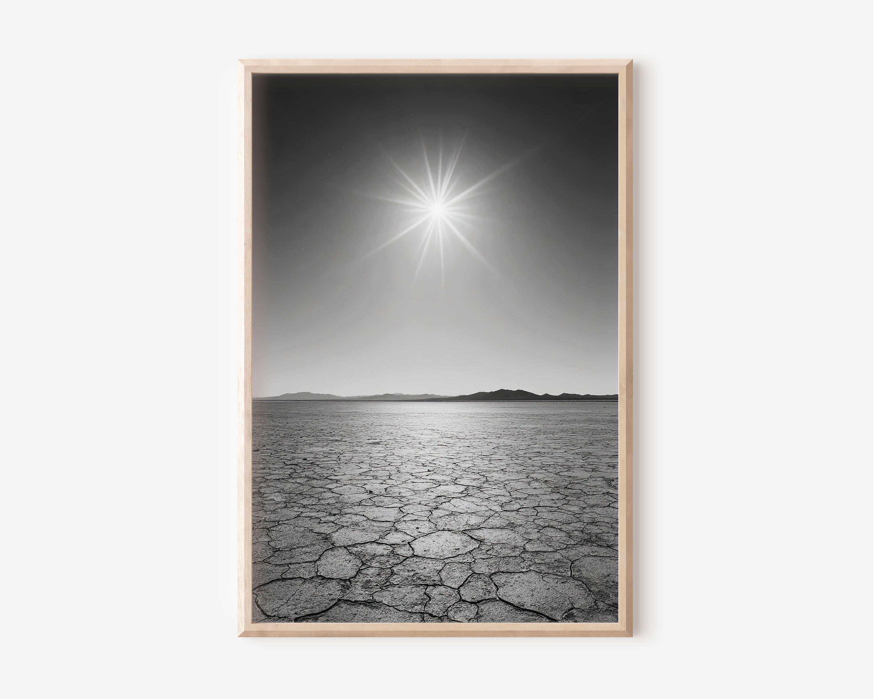 Black Rock Desert Wall Art Print | Nevada Salt Flat Black & White Photography | Cracked Earth Sun Landscape Poster | Minimalist Nature Print | Bold Graphic Home Decor