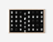 Apartment Windows Night Print | Lone Figure Urban Black and White Wall Art | City Life Photography