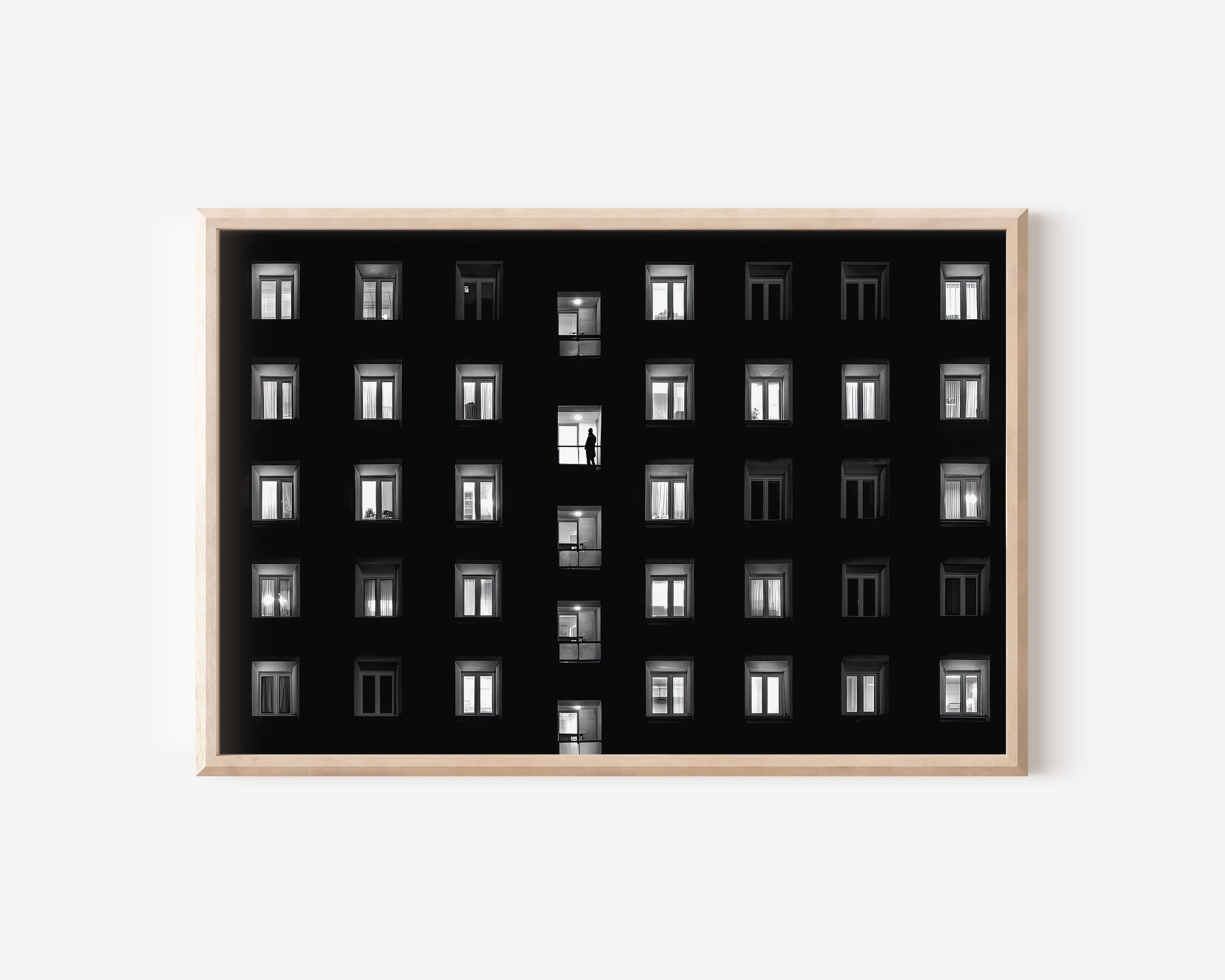 Apartment Windows Night Print | Lone Figure Urban Black and White Wall Art | City Life Photography