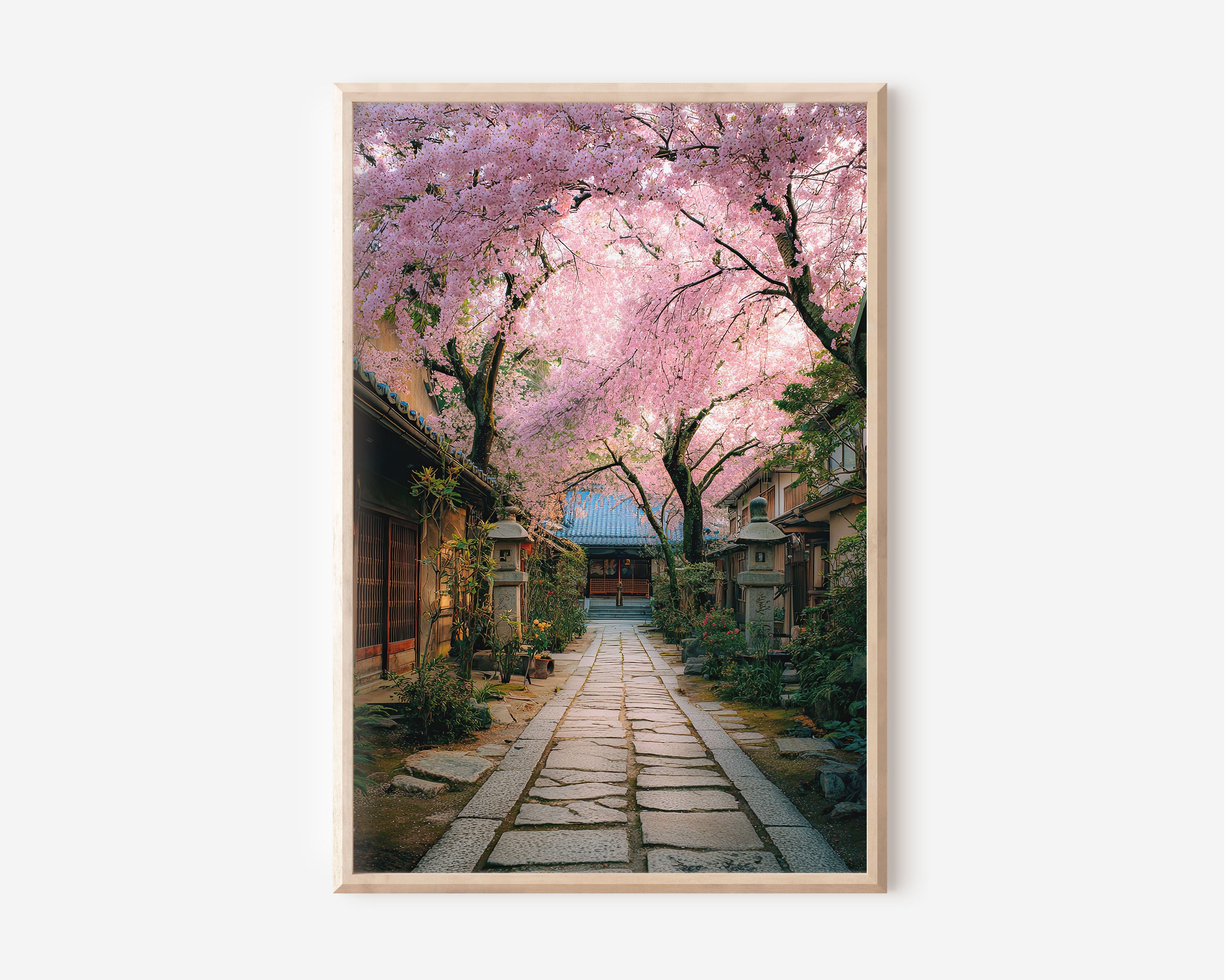 Blossoms of Kyoto Cherry Blossom Temple Path Wall Art Print | Japan Sakura Street Photography Poster | Japanese Garden Decor