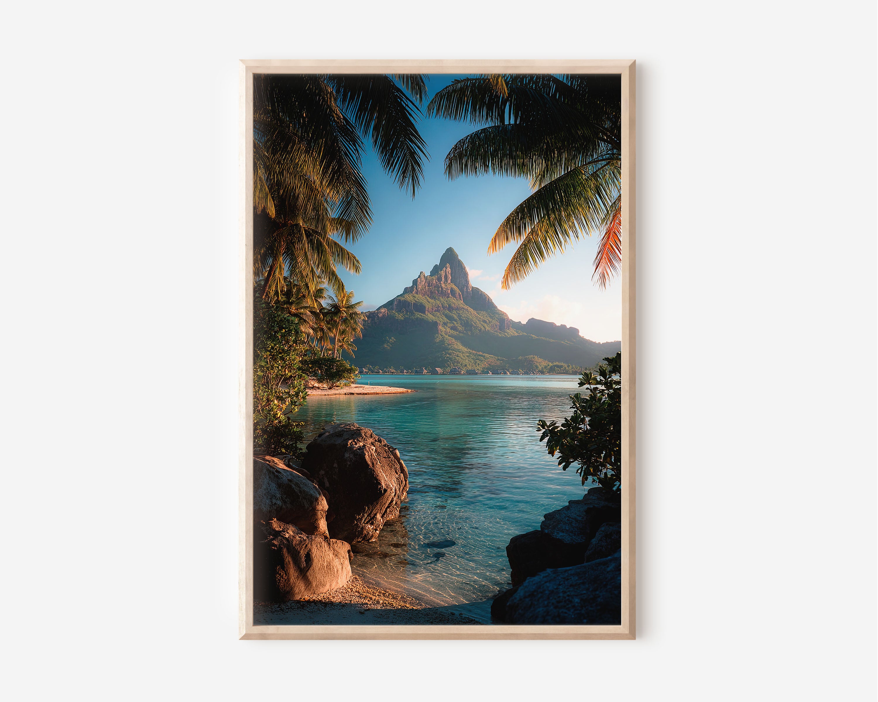 Bora Bora Palm Frame Wall Art Print | Mount Otemanu Lagoon Overwater Bungalow Photography | French Polynesia Tropical Poster | South Pacific Paradise Print | Luxury Home Decor