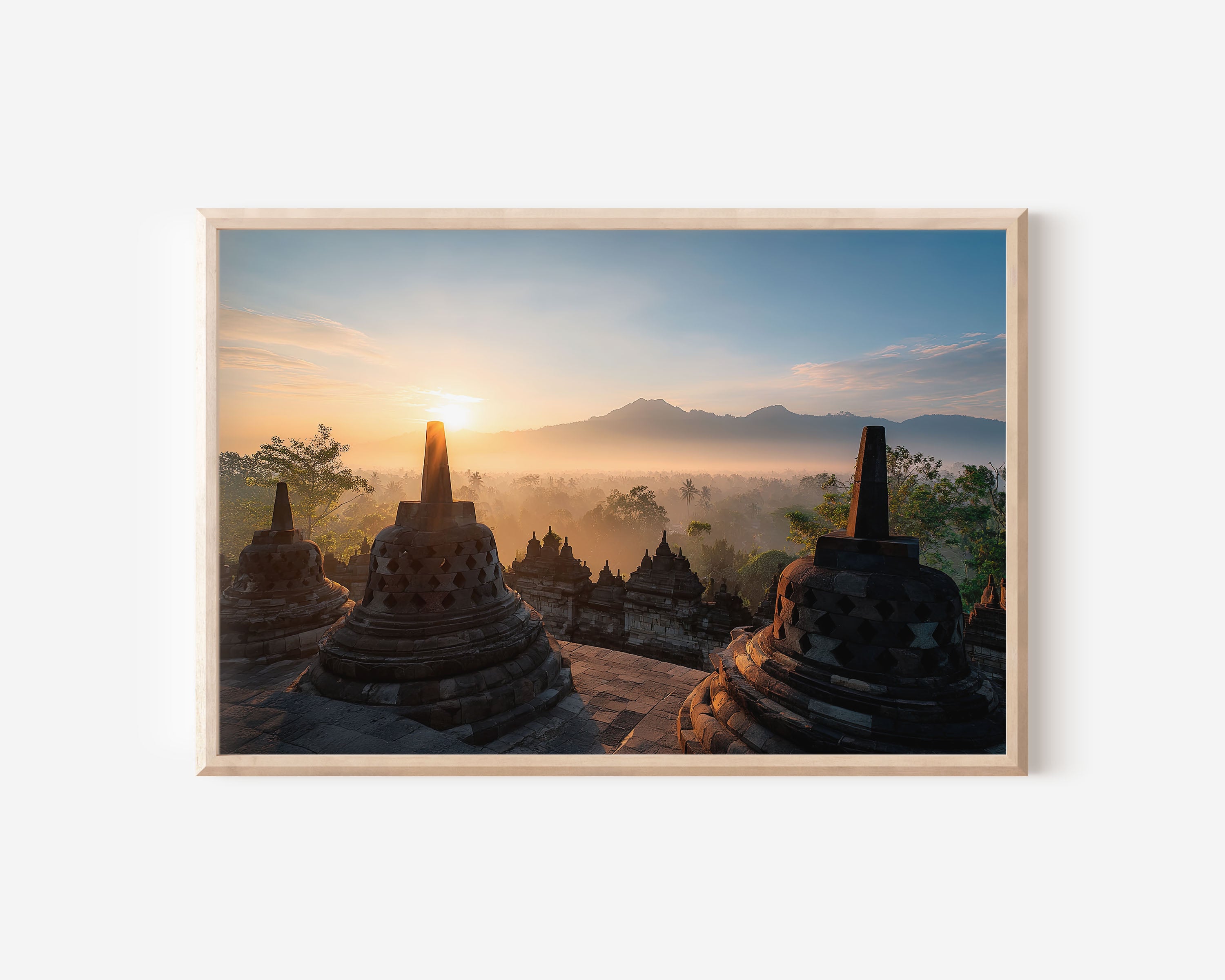 Borobudur Temple Sunrise Wall Art Print – Indonesia Misty Landscape Canvas