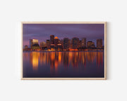 Boston Skyline Night Wall Art – Harbor City Lights Reflection Print, Massachusetts Waterfront Photography Decor