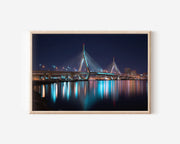 Boston Zakim Bridge Night Wall Art Print, Massachusetts Skyline
