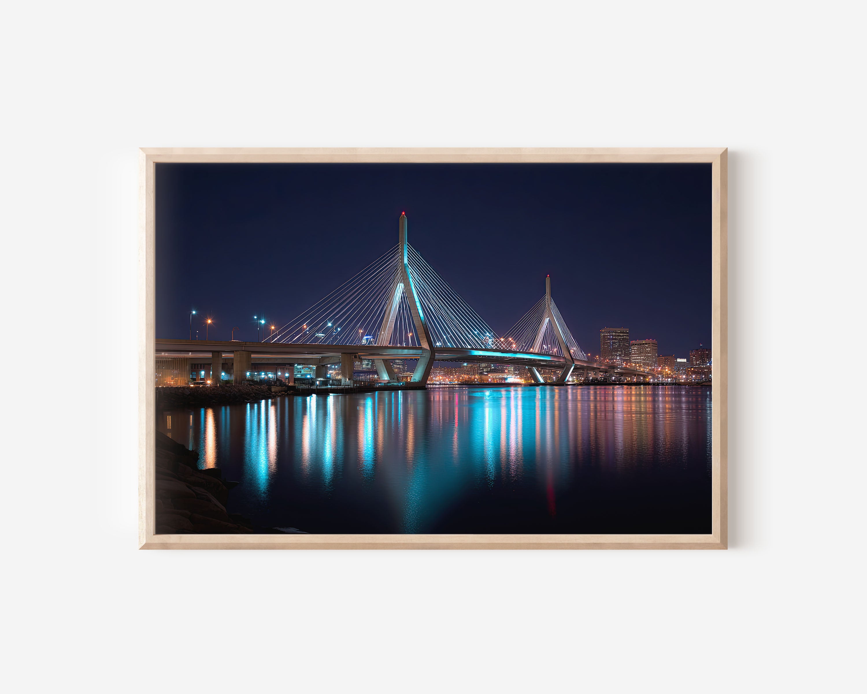 Boston Zakim Bridge Night Wall Art Print, Massachusetts Skyline