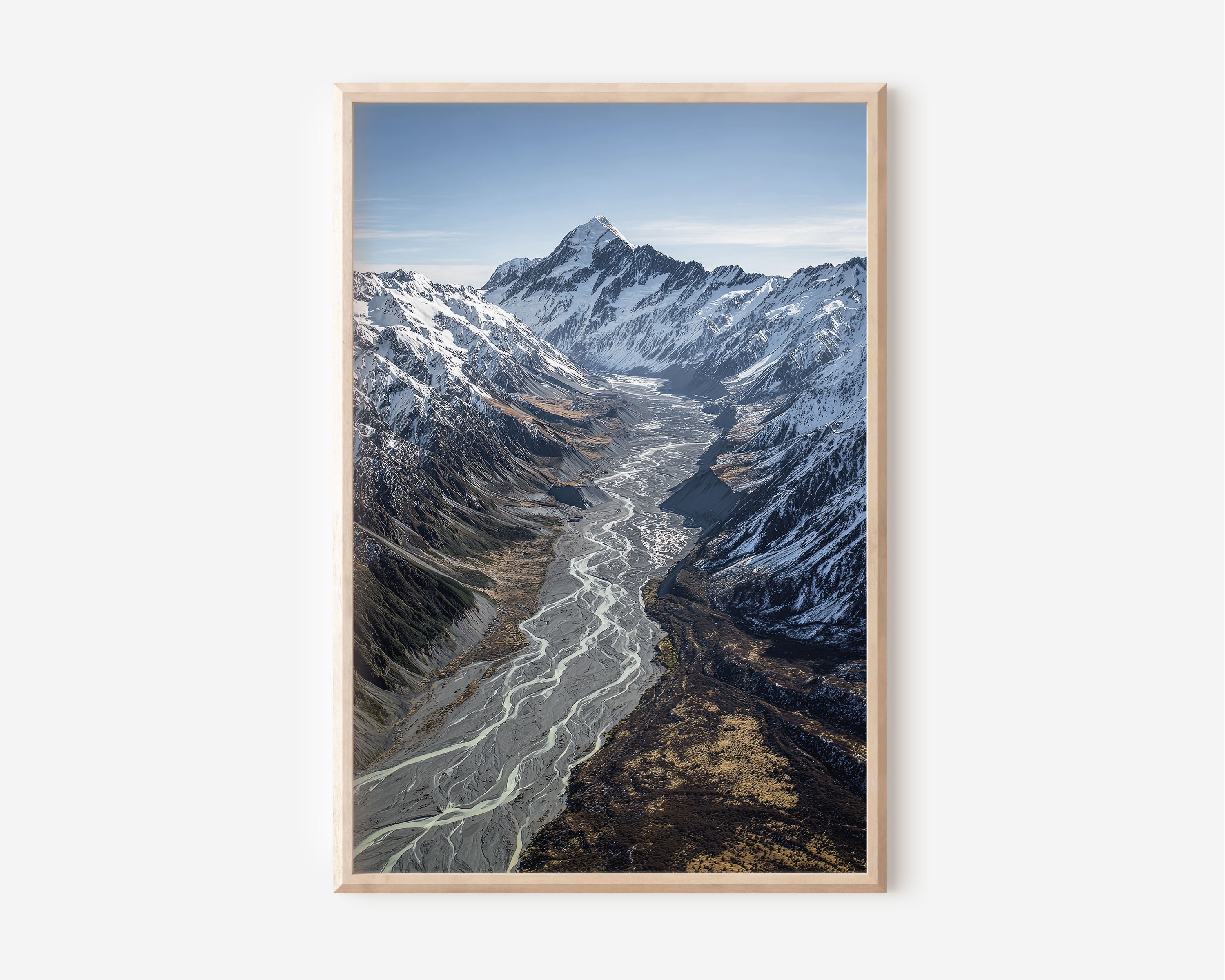 Mount Cook Braided River Valley Wall Art Print | New Zealand Aoraki Aerial Photography | Southern Alps Glacier Valley Poster