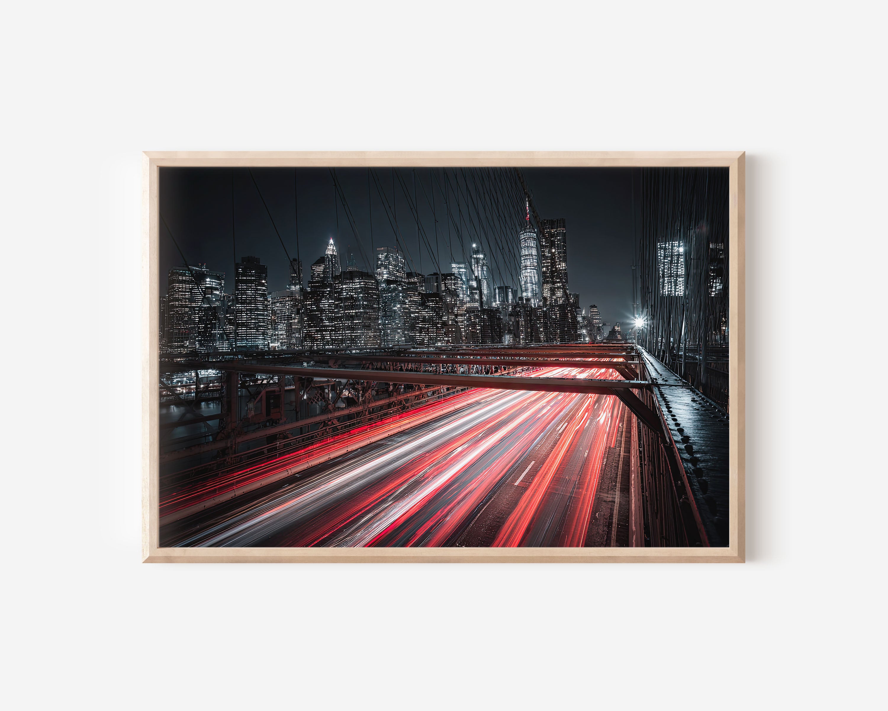 Brooklyn Bridge Night Traffic Wall Art Print, New York City Skyline