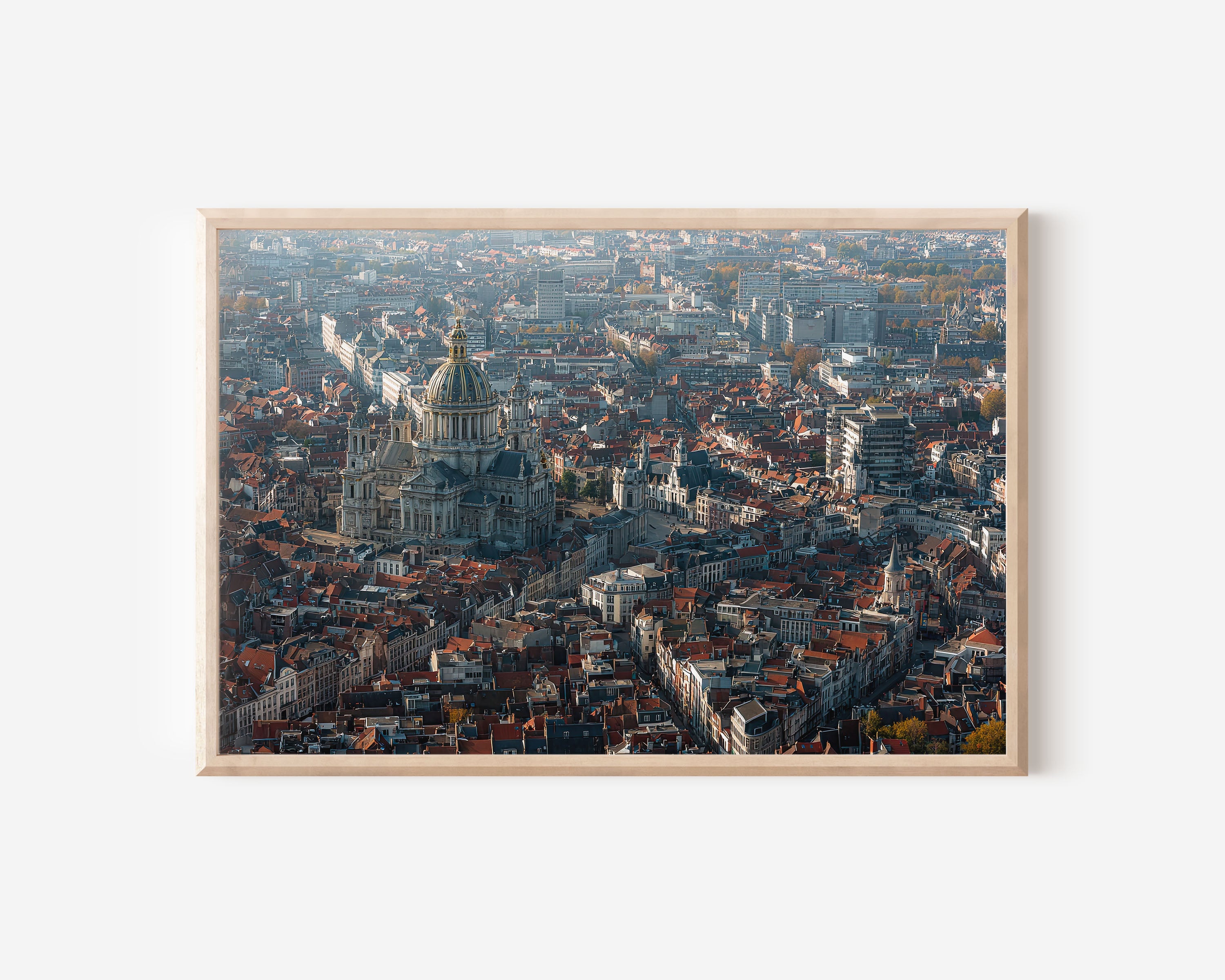 Brussels Cityscape Wall Art – Palace of Justice Golden Dome Rooftop Print, Belgium Aerial Skyline Photography Decor
