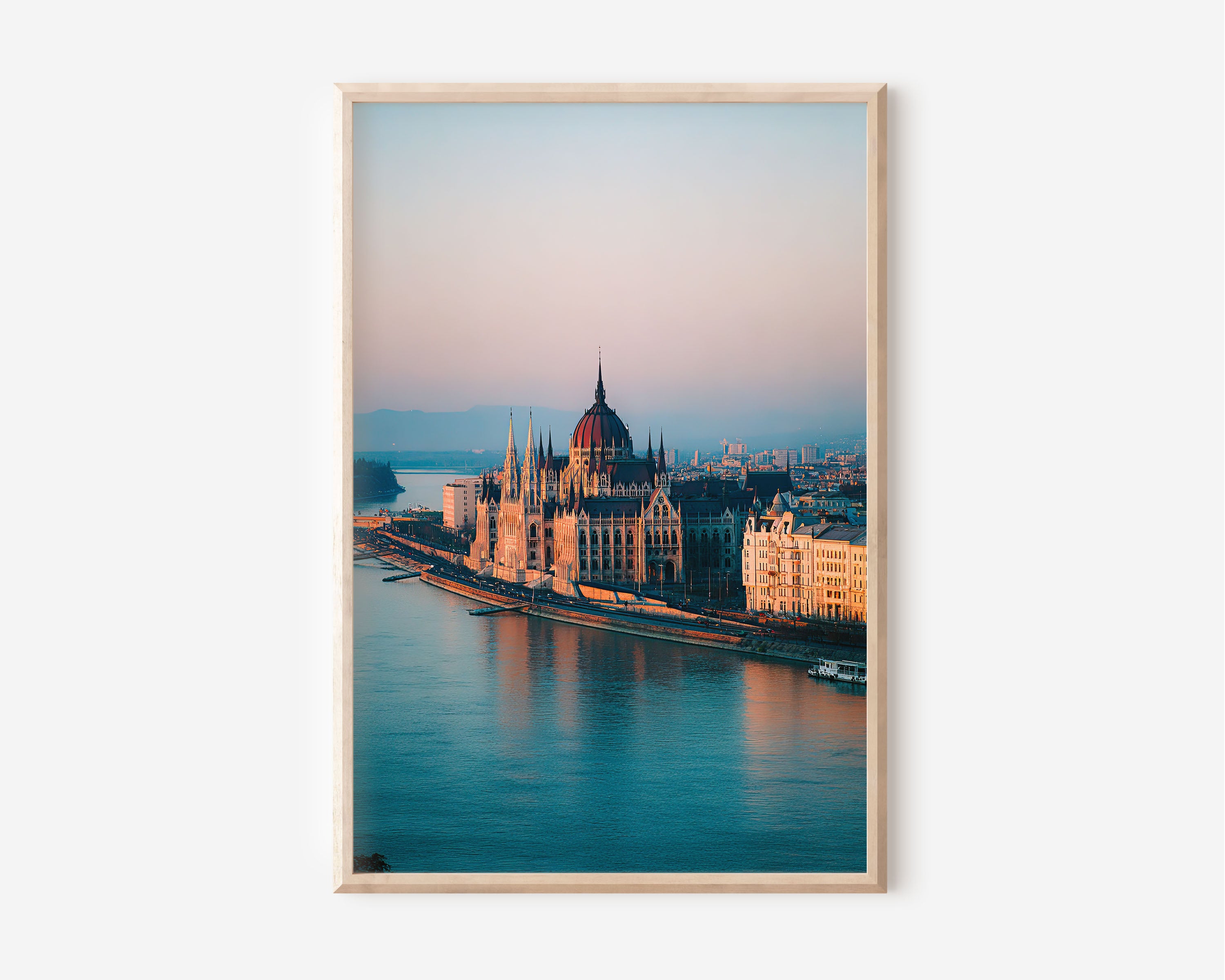 Budapest Parliament Danube Sunrise Wall Art Print | Hungary Aerial Cityscape Photography | River Reflection Dawn Poster | Eastern Europe Travel Print | Pastel Home Decor