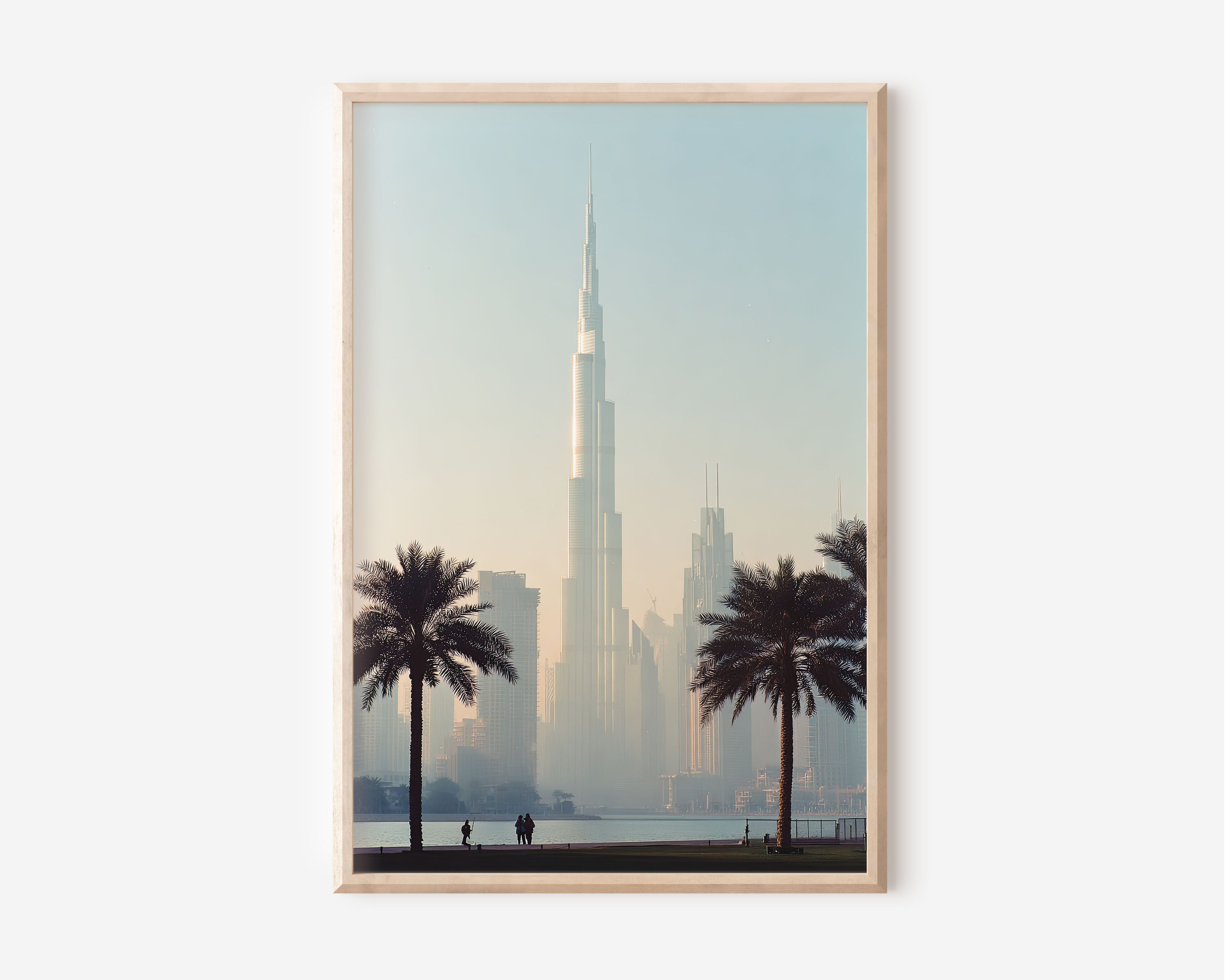 Burj Khalifa Dubai Wall Art Print | Hazy Skyline Palm Tree Photography | UAE Cityscape Landscape Poster | Middle East Travel Print | Minimalist Modern Home Decor