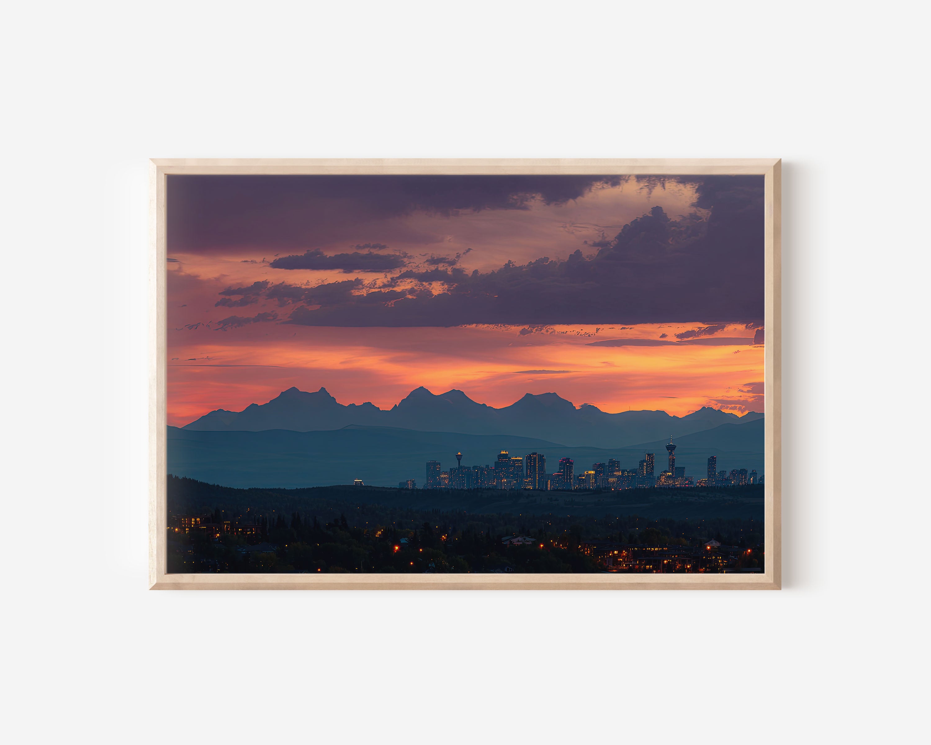 Calgary Skyline Wall Art – Rocky Mountains Dusk Sunset Print, Alberta Canada Cityscape Photography Decor