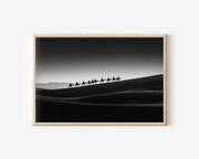 Camel Caravan Desert Wall Art – Black and White Minimalist Photography Print