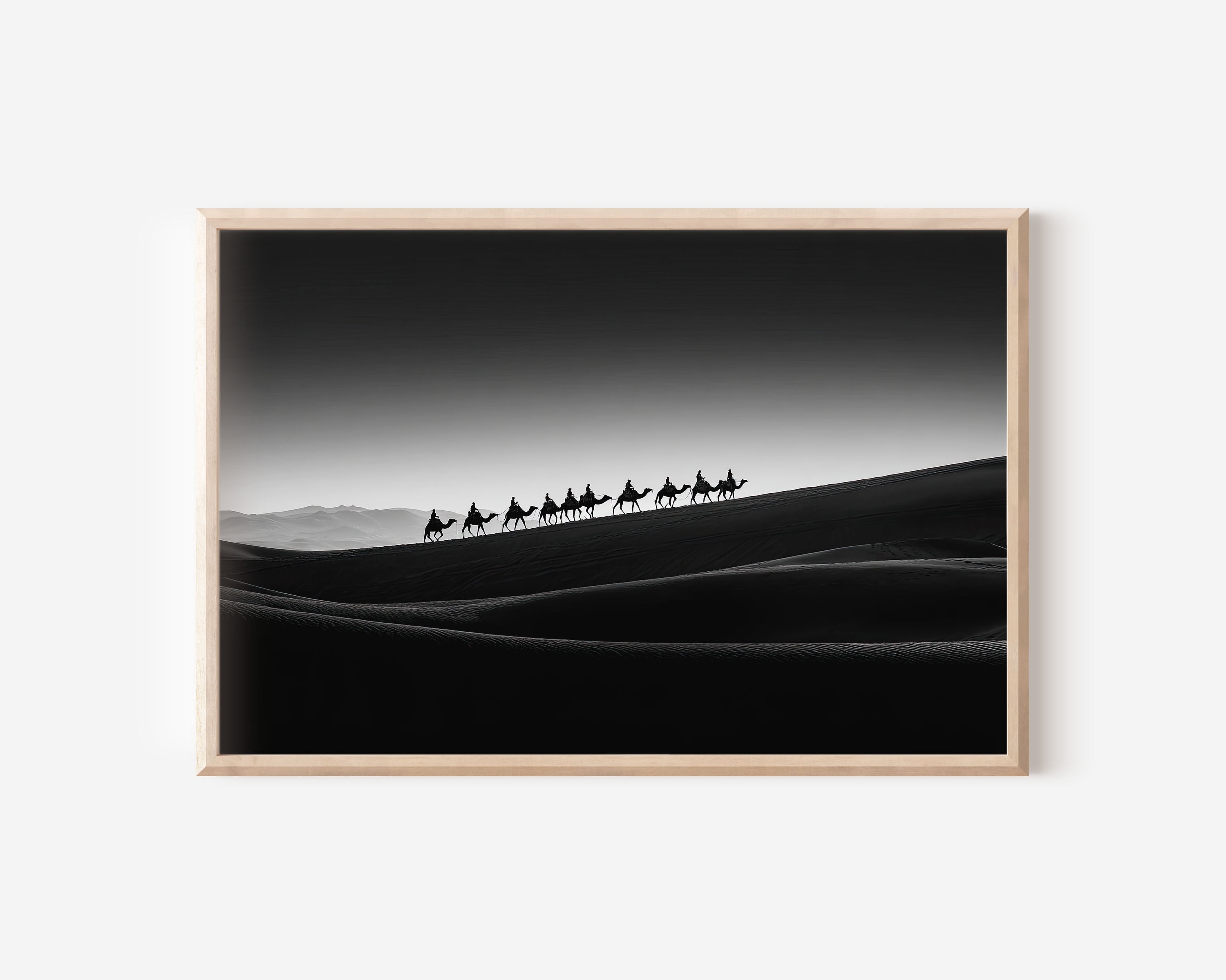 Camel Caravan Desert Wall Art – Black and White Minimalist Photography Print