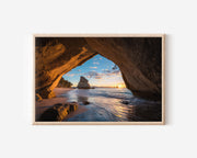 Cathedral Cove Wall Art – New Zealand Sunrise Beach Print, Coromandel Ocean Cave Seascape Landscape Decor