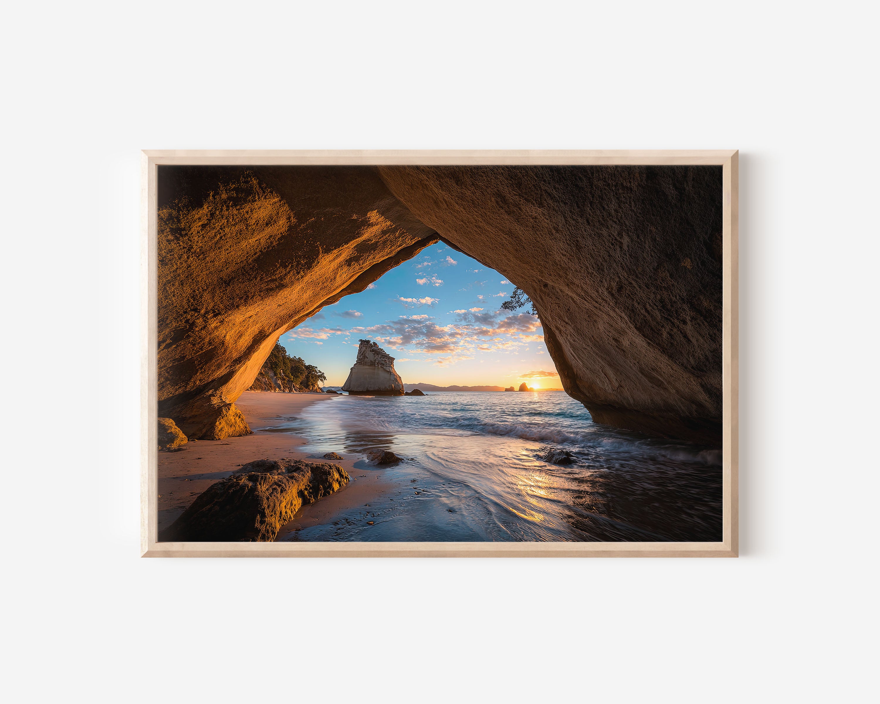 Cathedral Cove Wall Art – New Zealand Sunrise Beach Print, Coromandel Ocean Cave Seascape Landscape Decor