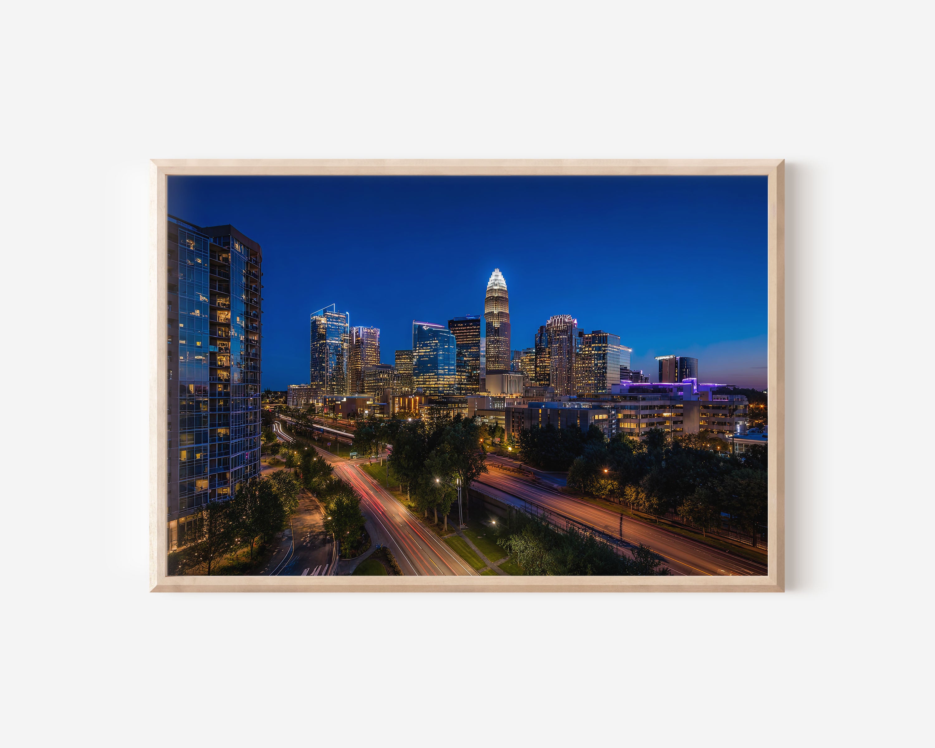 Charlotte North Carolina Skyline Wall Art – Charlotte NC Night City Lights Print, Modern USA Urban Photography Decor