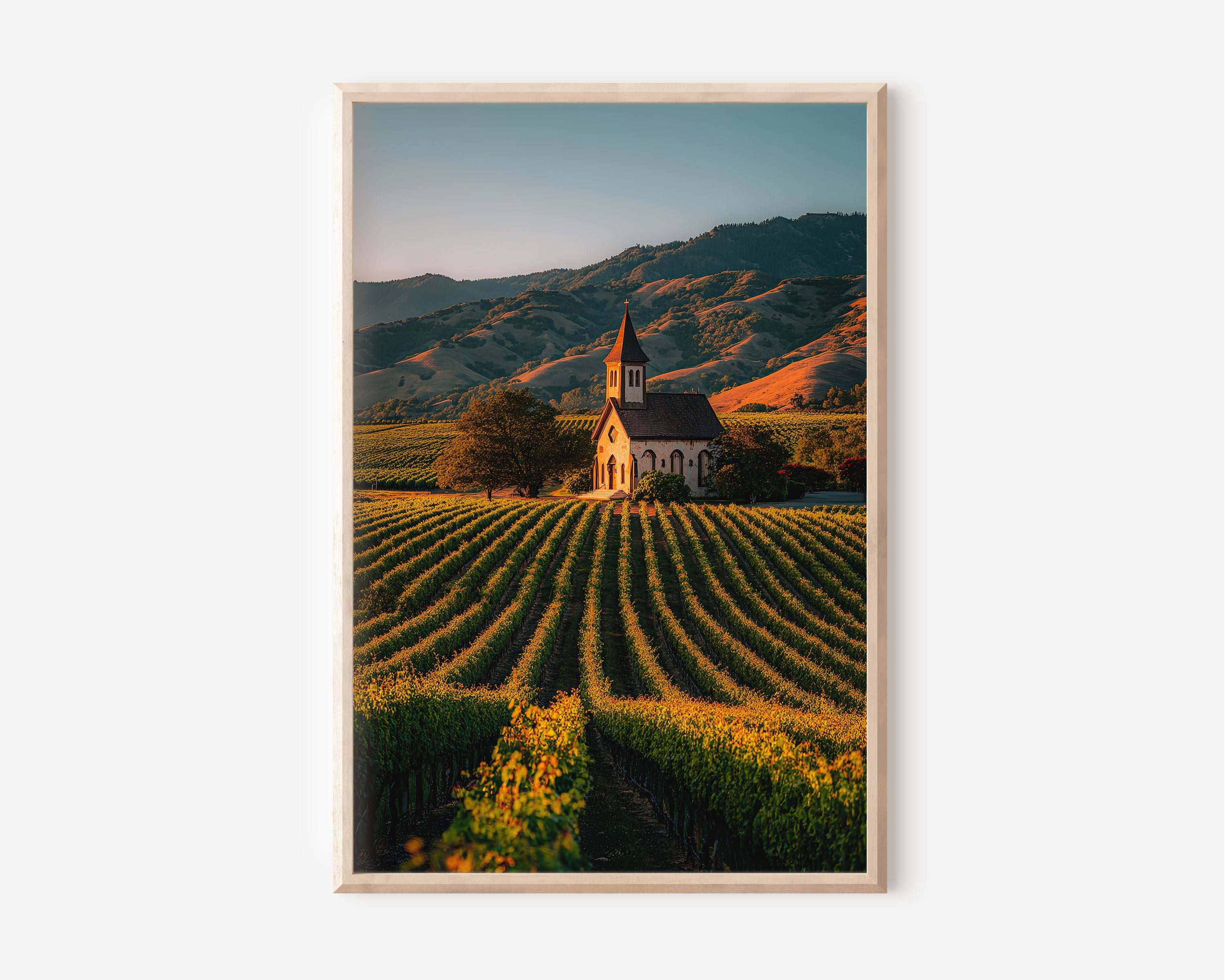 Napa Valley Vineyard Church Wall Art Print | California Wine Country Landscape Photography | Golden Hour Farm Pastoral Poster