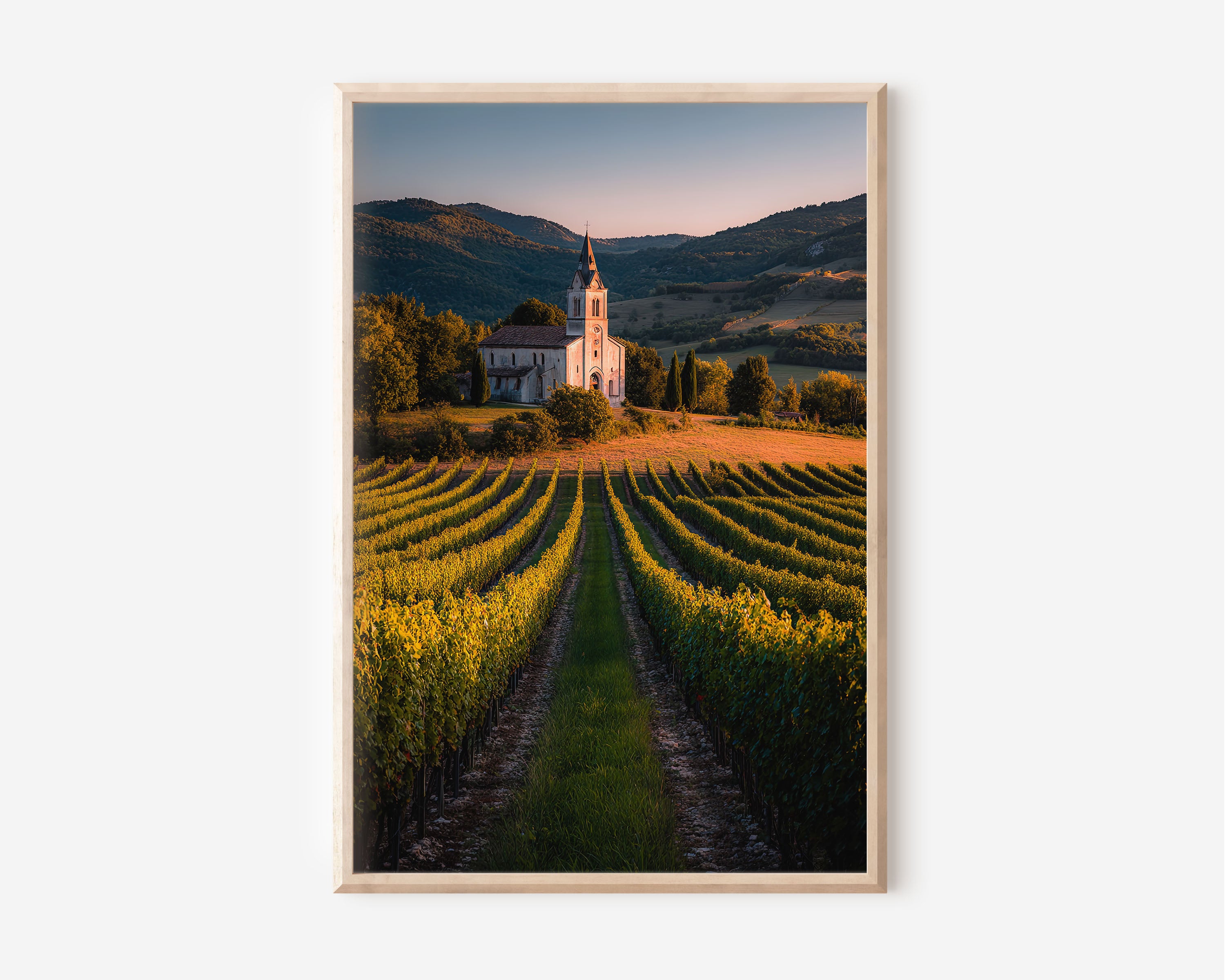 Tuscany Vineyard Church Wall Art Print | Italian Wine Country Landscape Photography | Golden Hour Countryside Pastoral Poster
