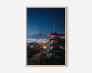 Chureito Pagoda Mount Fuji Night Wall Art Print | Fujiyoshida Japan Photography | Five Storey Pagoda City Lights Poster